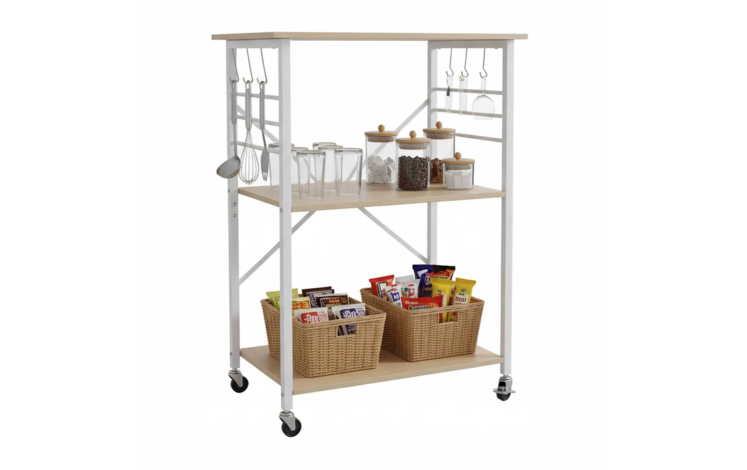 relaxdays Küchenwagen 89 x 60 x 40 cm Weiss/Hellbraun