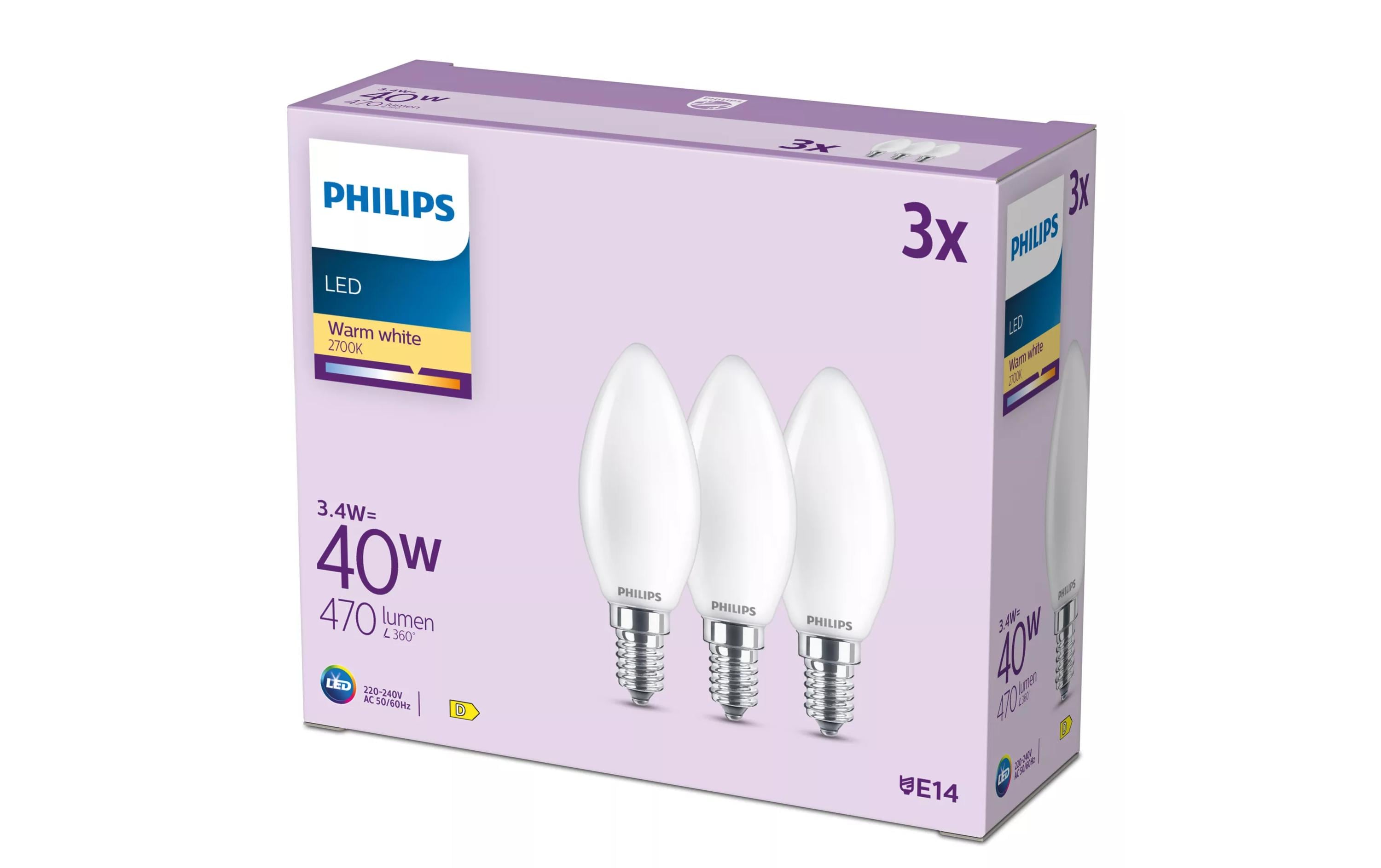 Philips LED Filament-Kerzenlampe, Milchglas, 40W, B35, E14, 3er-Pack