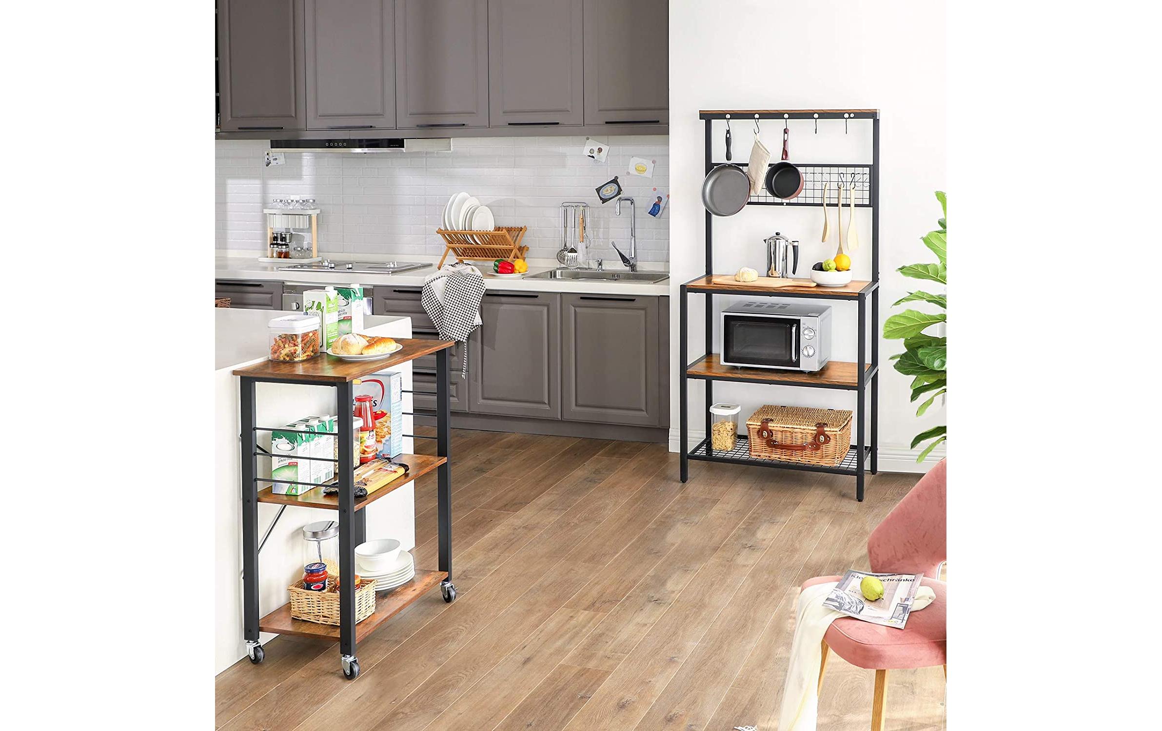 VASAGLE Küchenregal mit 6 Haken 60 x 89 cm, Braun/Schwarz