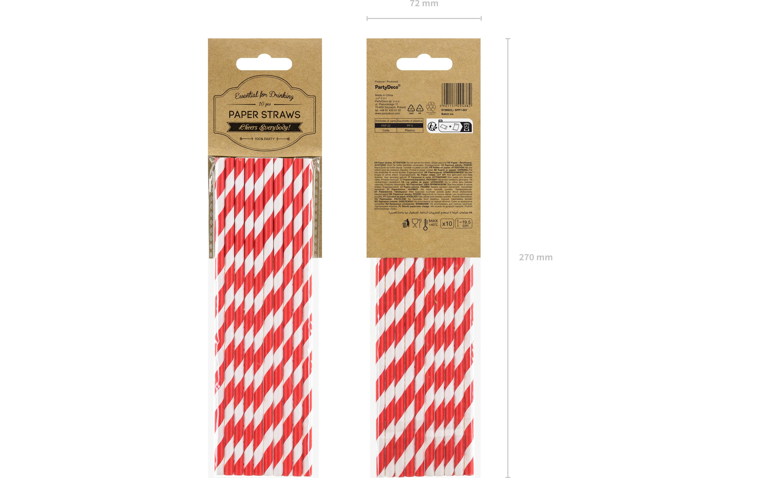Partydeco Strohhalm 19.5 cm, 10 Stück, Rot/Weiss