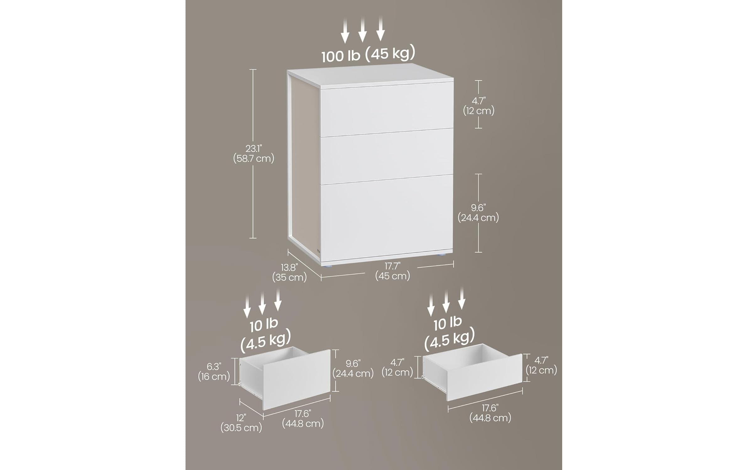 Songmics Nachttisch mit 3 Schubladen 45 x 58.7 cm, Weiss
