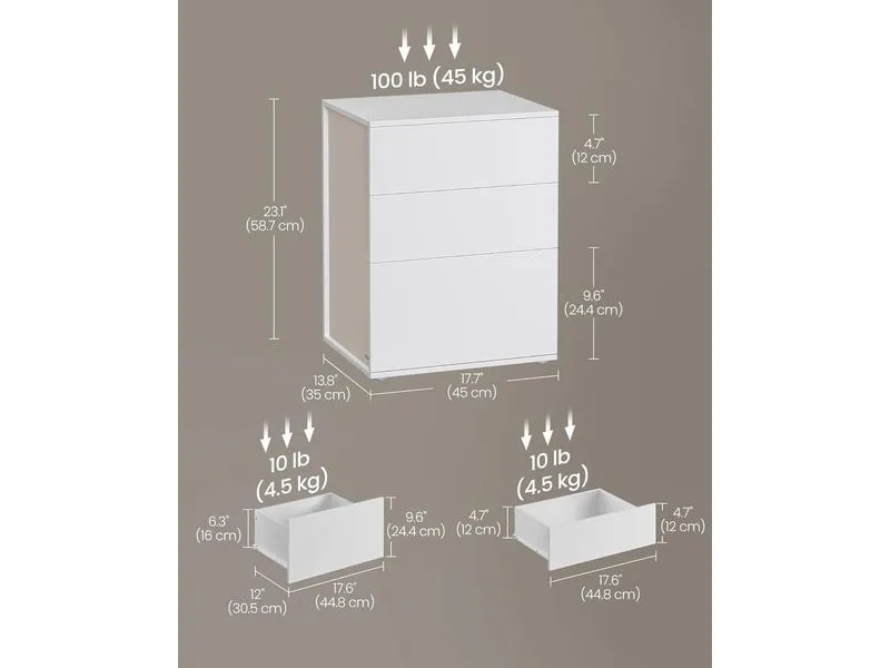 Songmics Nachttisch mit 3 Schubladen 45 x 58.7 cm, Weiss Songmics Nachttisch mit 3 Schubladen 45 x 58.7 cm, Weiss