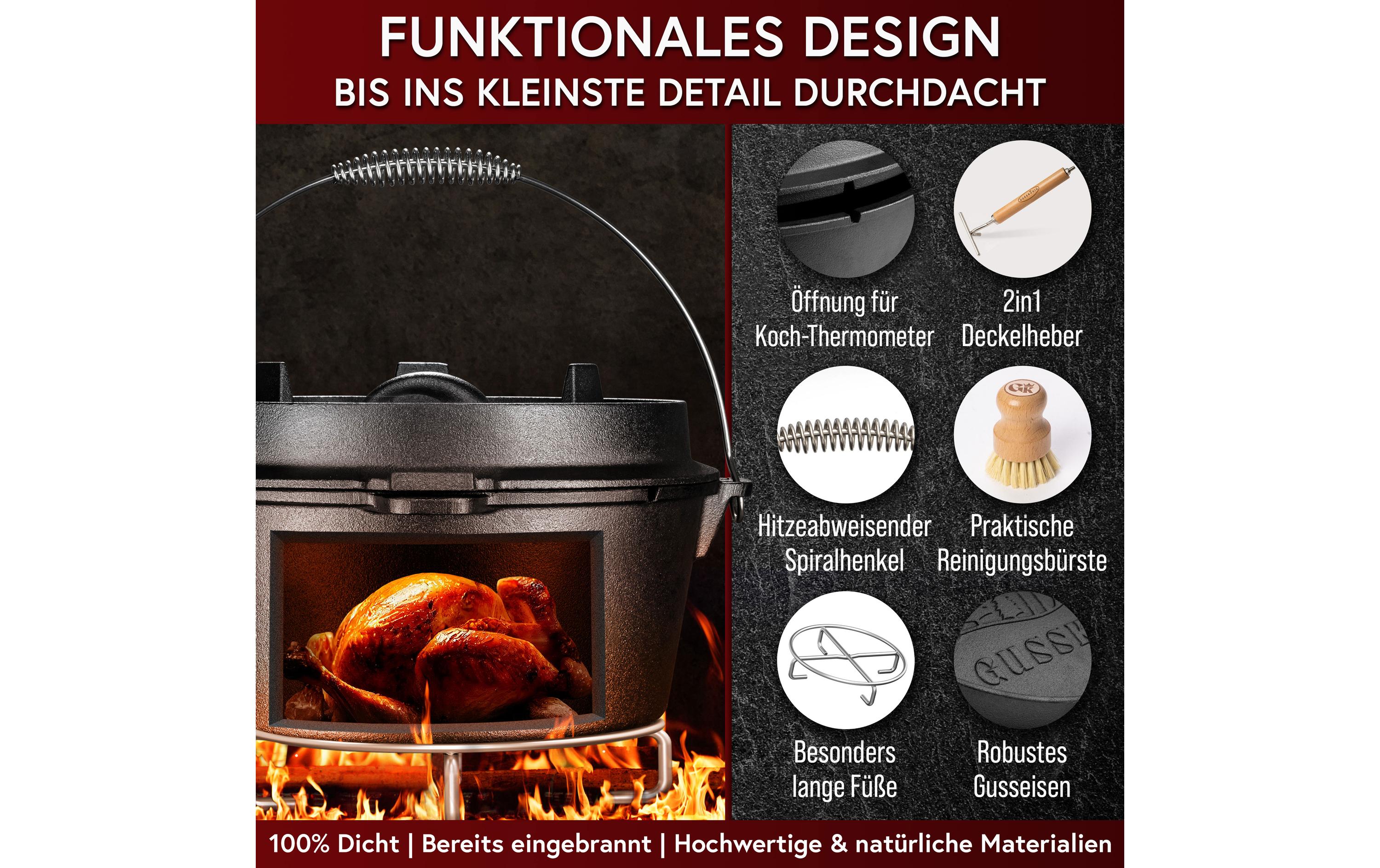 Gusskoenig Dutch Oven Set 9 l mit Heber, Bürste, Untersetzer