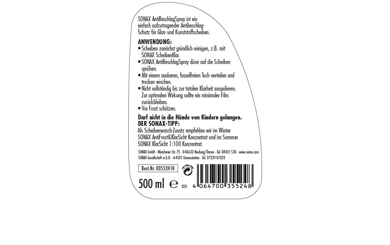 Sonax Antibeschlag-Schutz Spray 500 ml