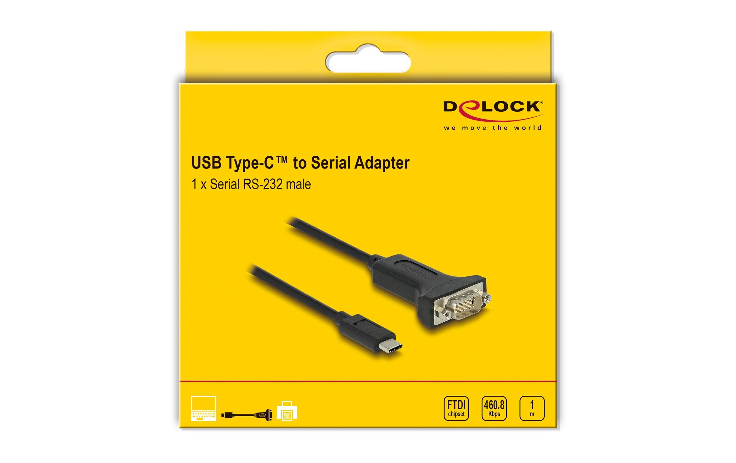 Delock Serial-Adapter USB-C – RS-232 D-Sub 9 Pin mit Muttern 1 m
