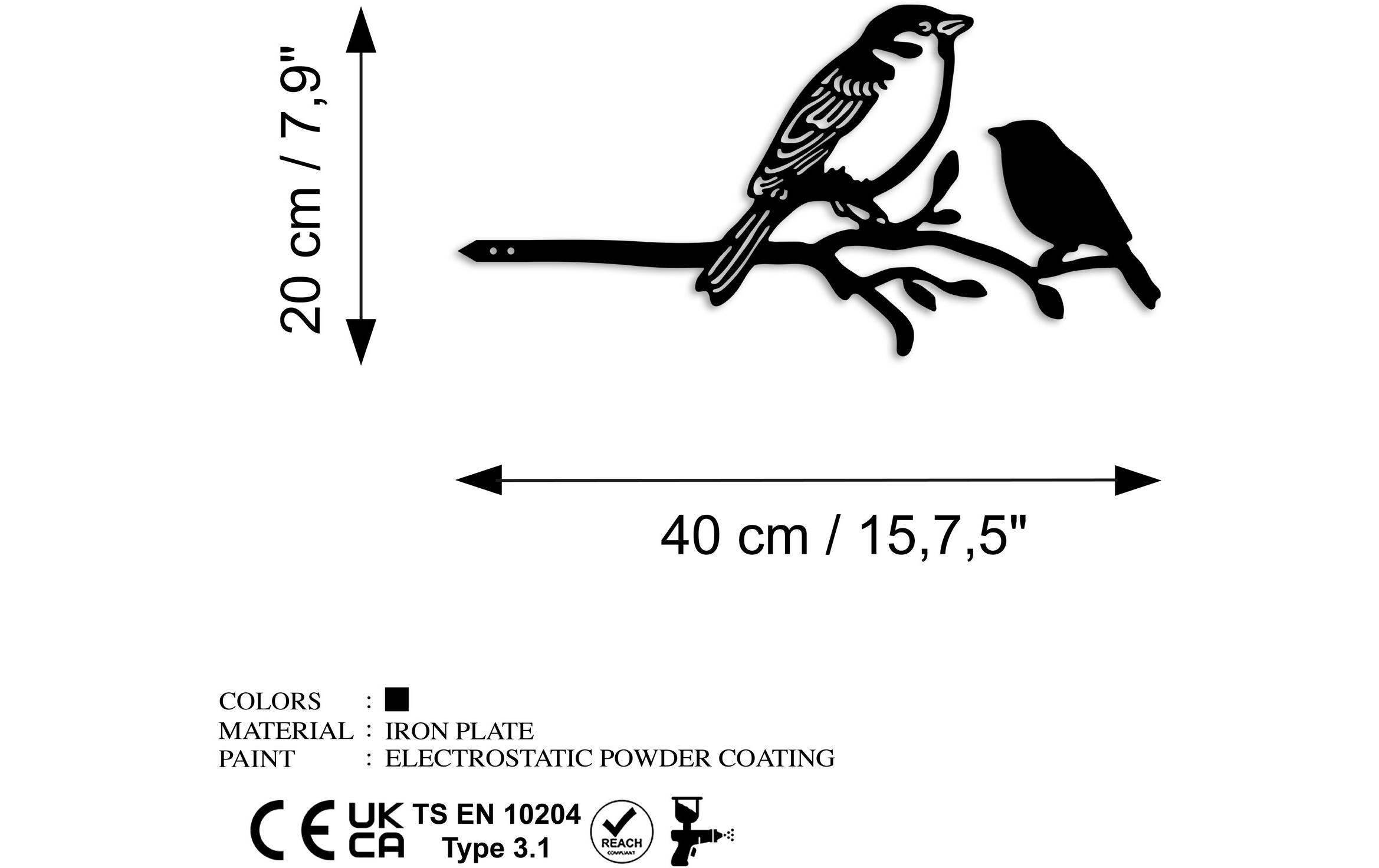 Wallxpert Gartenstecker Vogel auf Zweig 40 x 20 cm