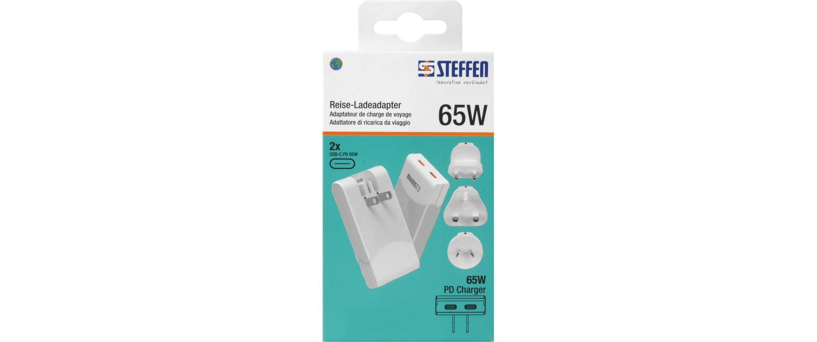 STEFFEN Reiseadapter World PD65W 2 x USB-C, Weiss