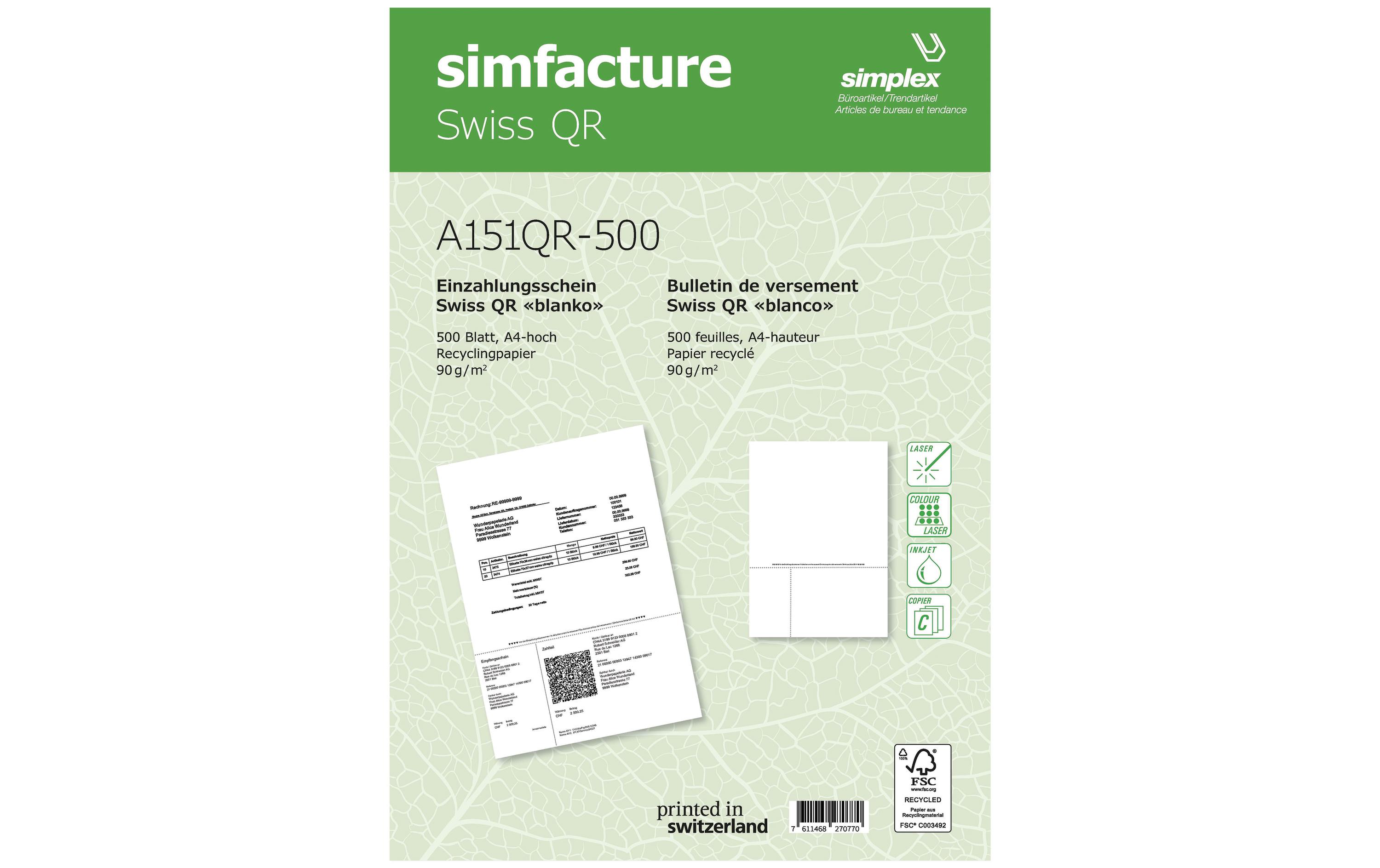 Simplex Einzahlungsschein Simfacture Swiss QR Recycling 500 Blatt