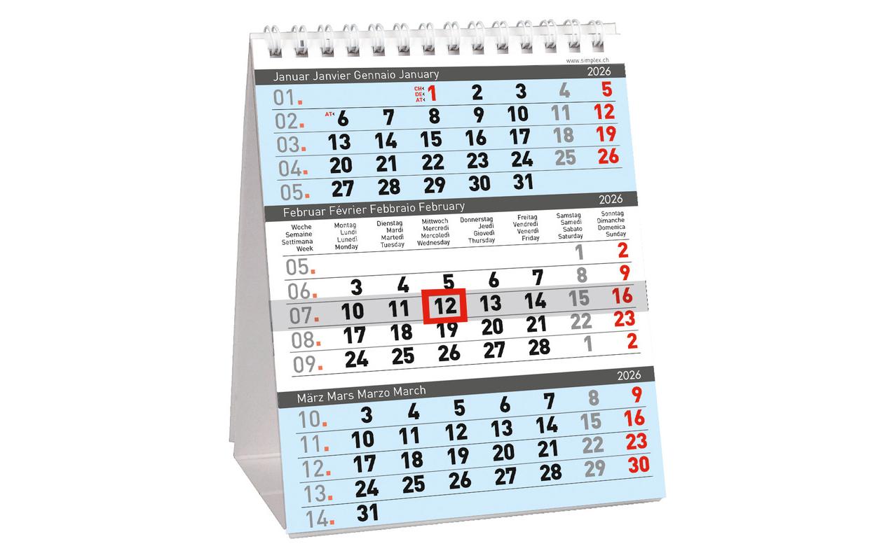 Simplex 3-Monats-Tischaufsteller 2026 12.5 x 15.5 cm
