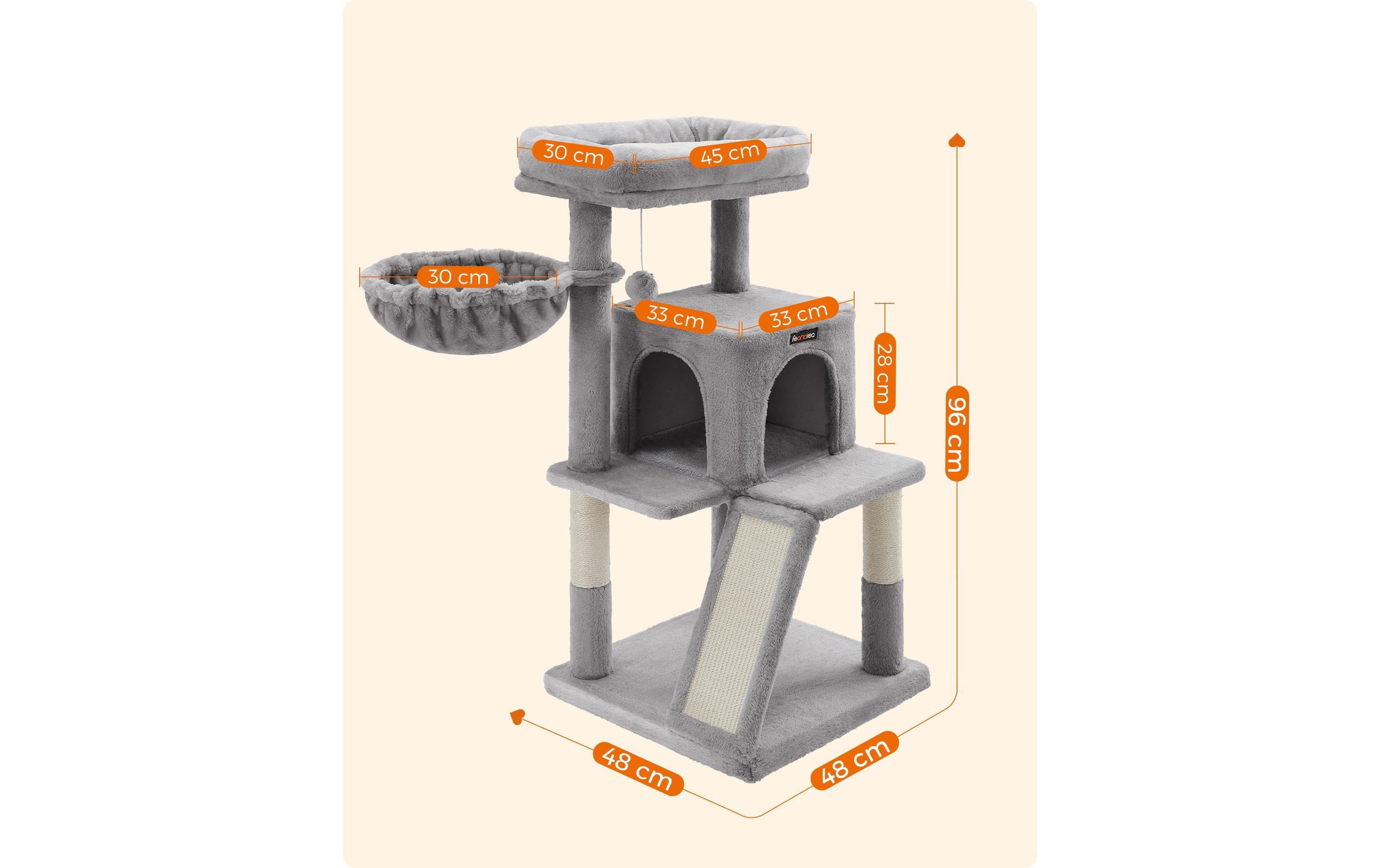 Feandrea Kratzbaum mit Kratzbrett, 96 cm, Grau/Beige