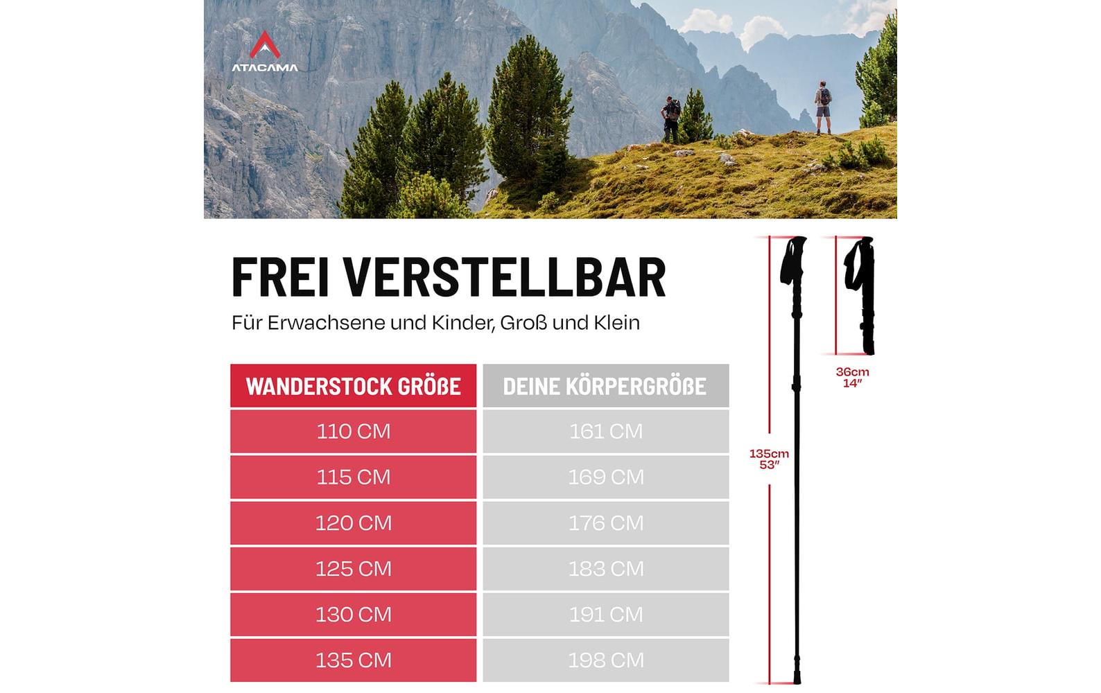 Atacama Teleskop Wanderstöcke, Flip Lock 110-135 cm