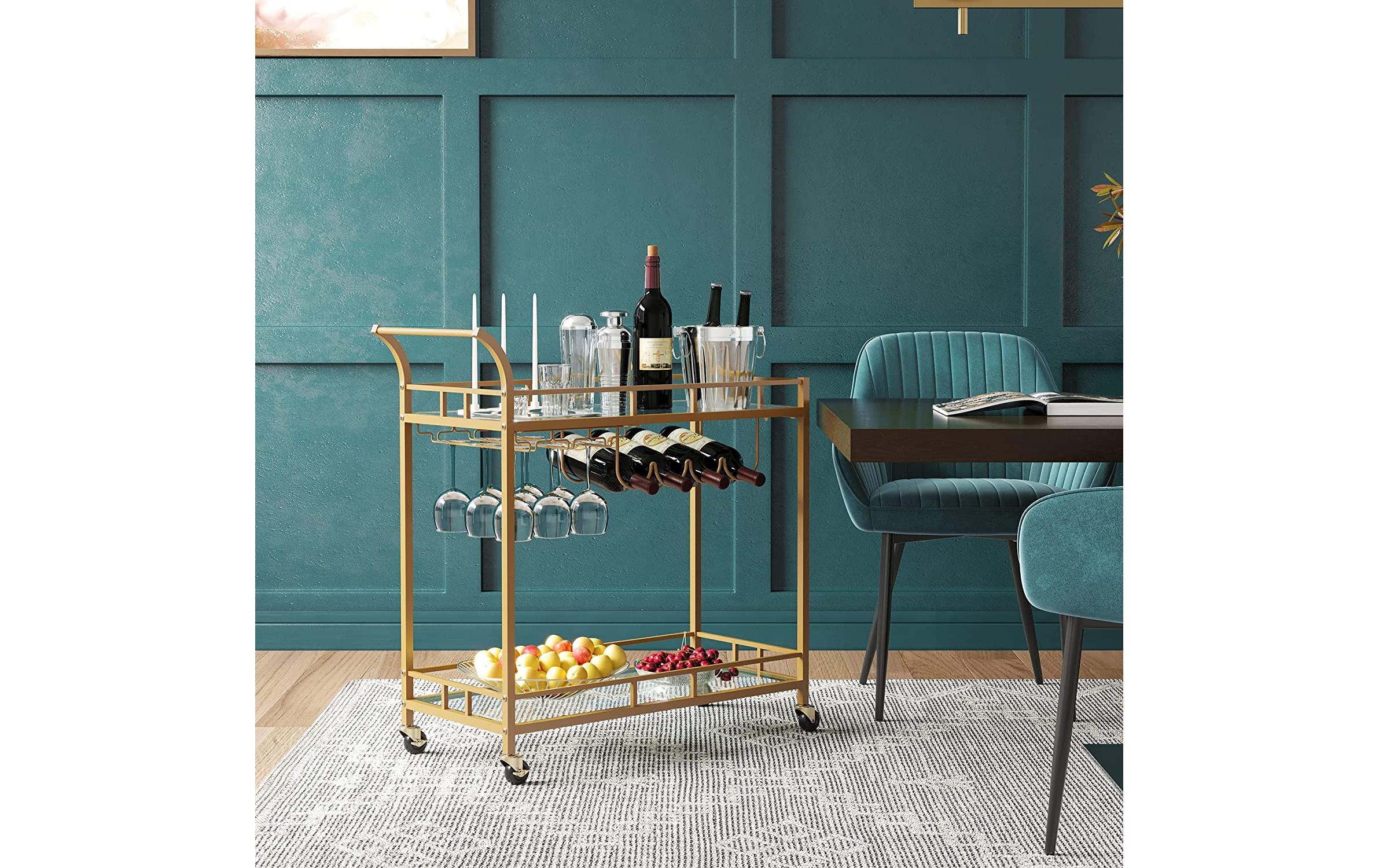 VASAGLE Servierwagen mit Glasplatten 38 x 77.5 cm, Gold