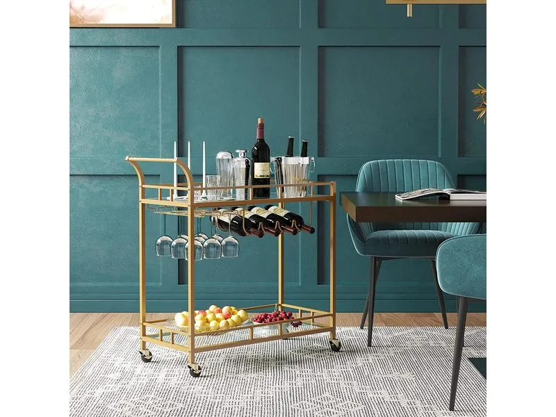 VASAGLE Servierwagen mit Glasplatten 38 x 77.5 cm, Gold VASAGLE Servierwagen mit Glasplatten 38 x 77.5 cm, Gold