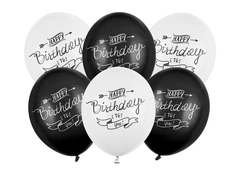 Partydeco Ballons Happy Birthday, 6er-Set Schwarz/Weiss, 30 cm Partydeco Ballons Happy Birthday, 6er-Set Schwarz/Weiss, 30 cm