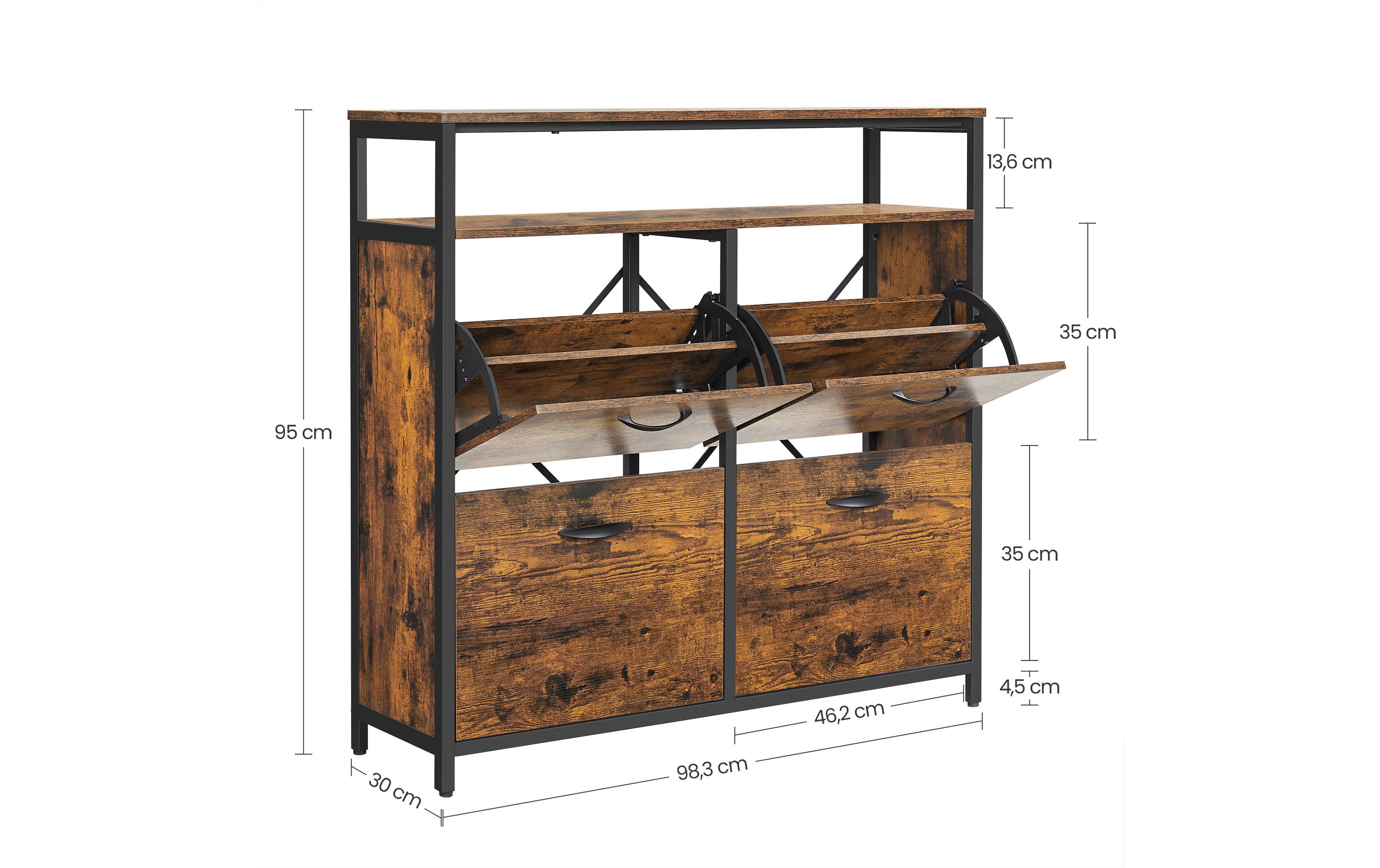 VASAGLE Schuhschrank mit 4 Klappen 95 x 98.3 cm, Braun/Schwarz