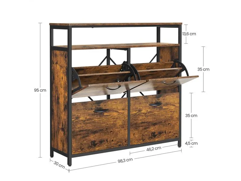 VASAGLE Schuhschrank mit 4 Klappen 95 x 98.3 cm, Braun/Schwarz
