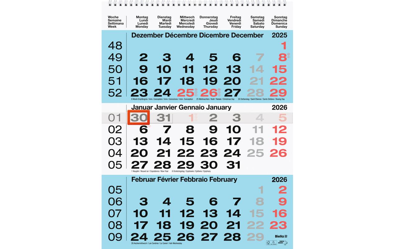 Biella 3-Monatskalender 2026 31 x 40 cm, Blau Biella 3-Monatskalender 2026 31 x 40 cm, Blau
