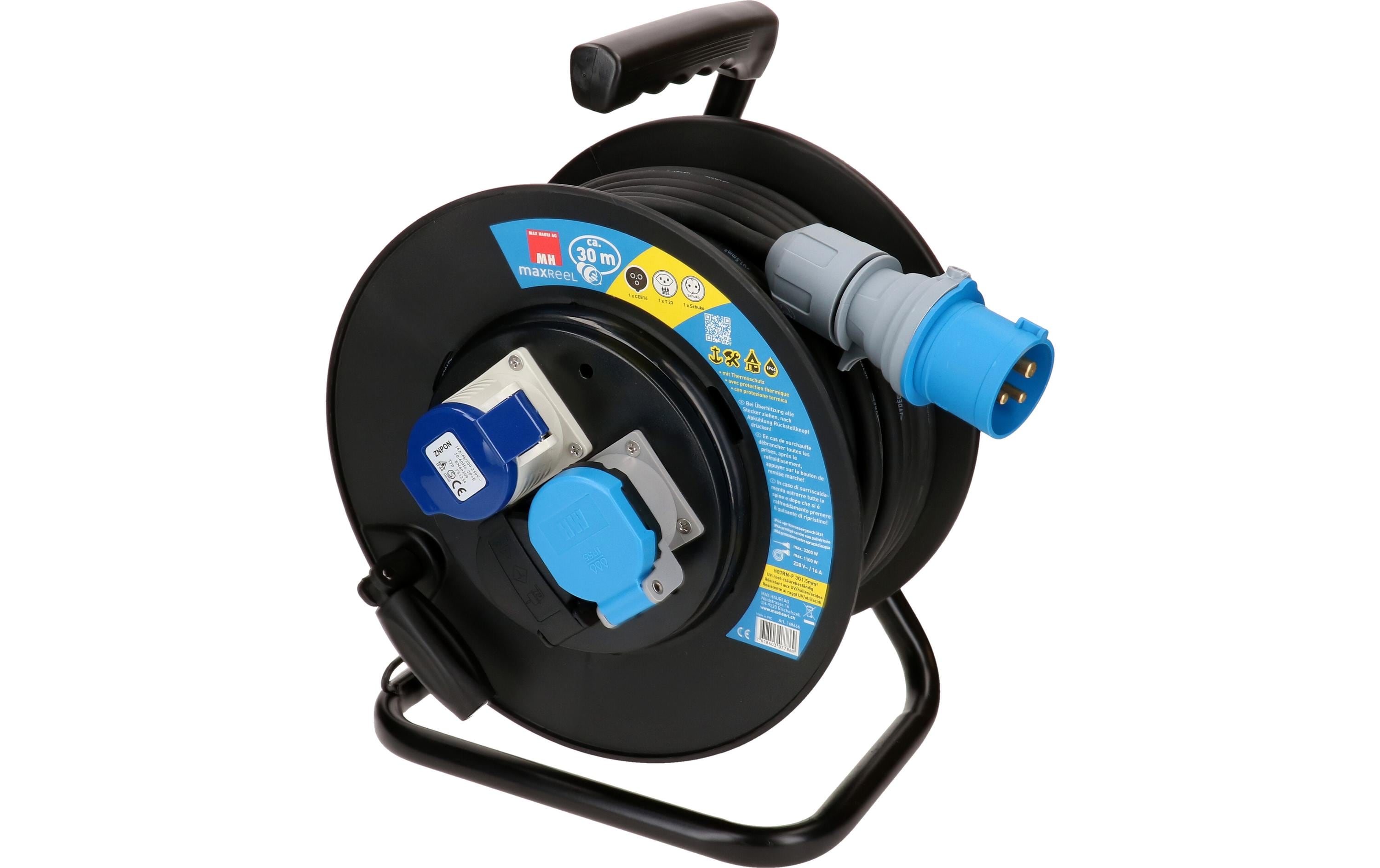 Max Hauri Kabelrolle 30 m, 1x T23, 1x CEE16/3, 1x Schuko, Schwarz