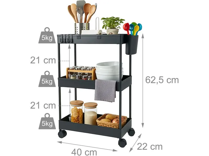 relaxdays Küchenwagen 62.5 x 40 x 22 cm Schwarz