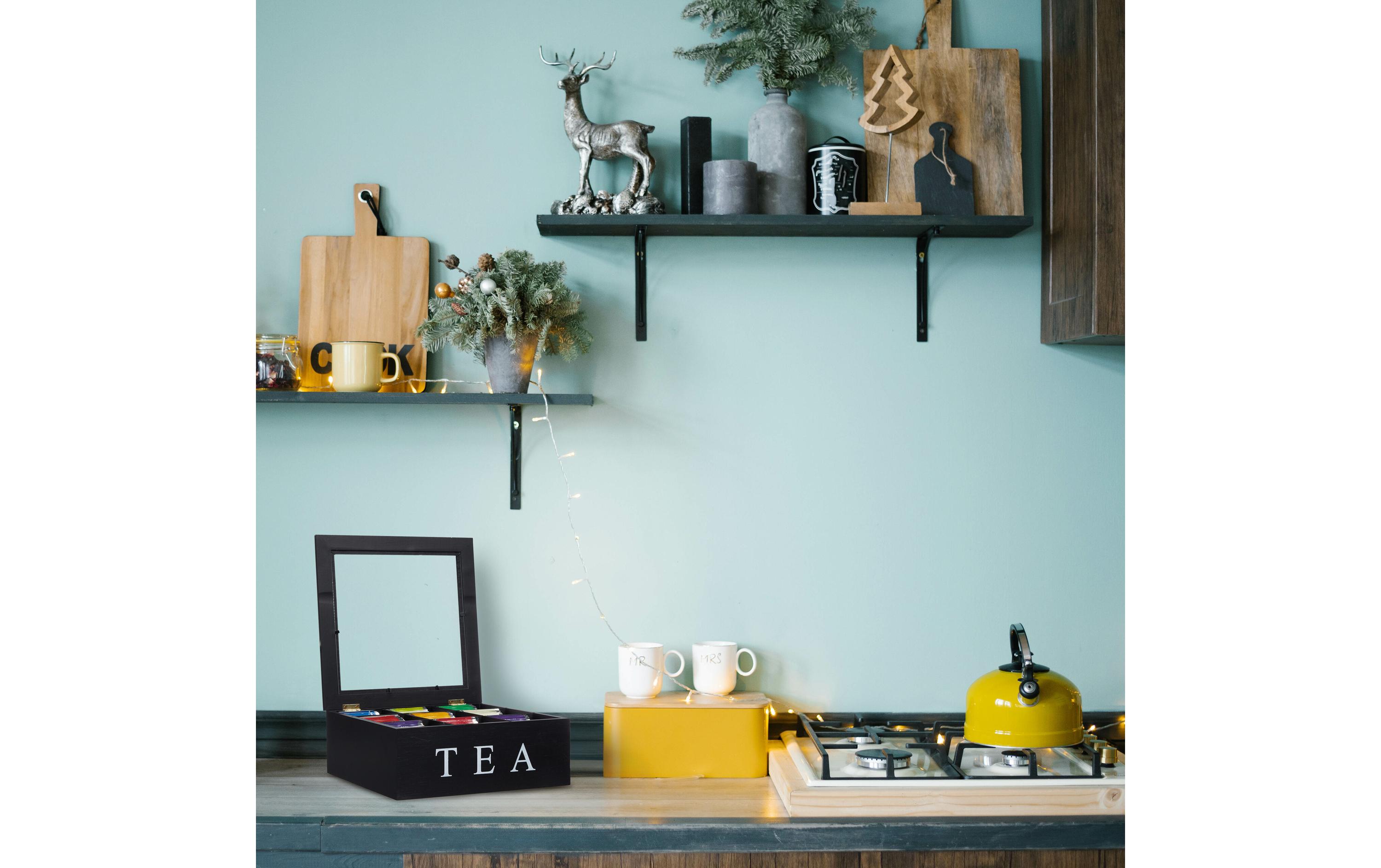 relaxdays Teebeutel-Box 9 Fächer, Schwarz