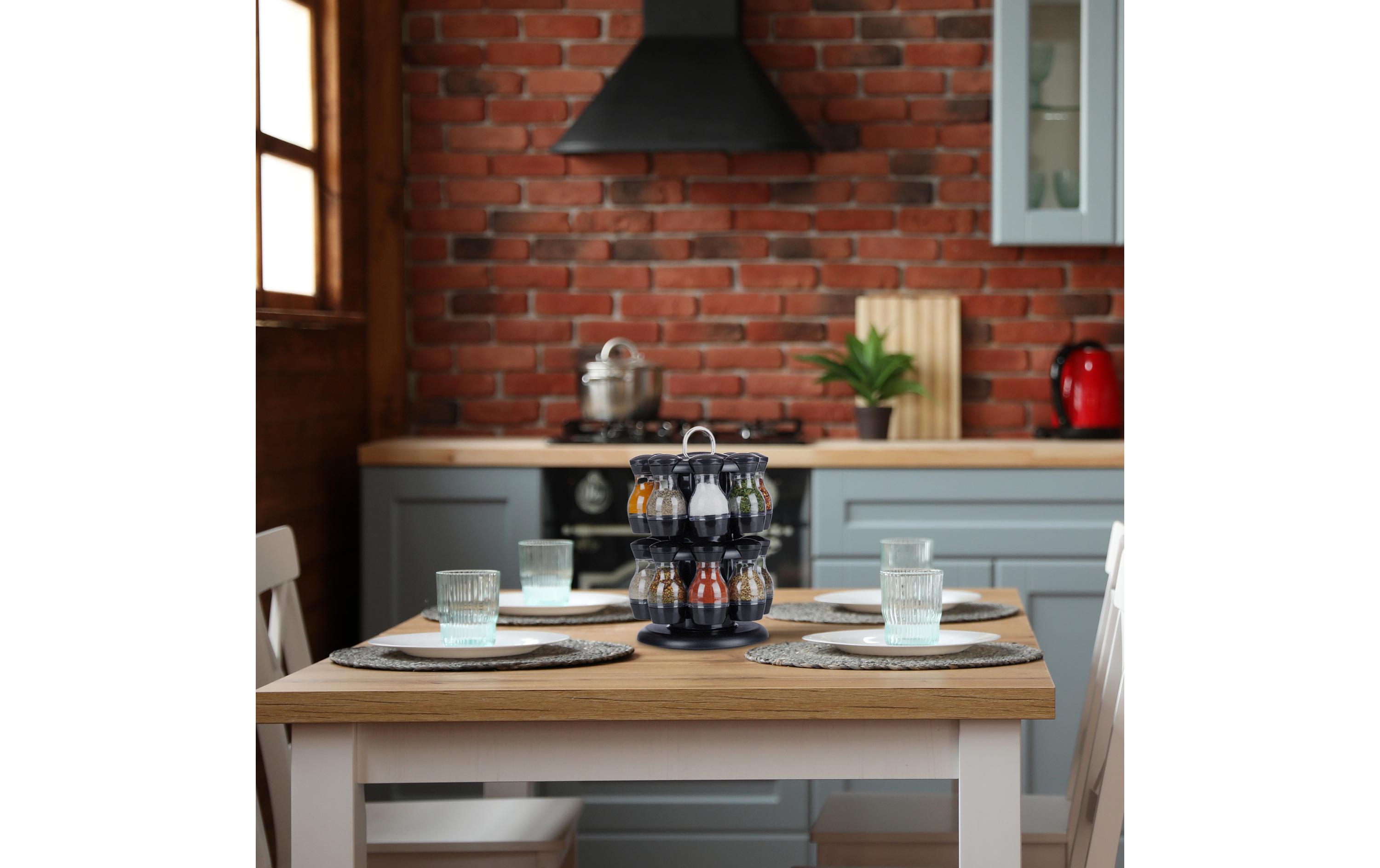 relaxdays Gewürzkarussell 16er Set Schwarz/Transparent