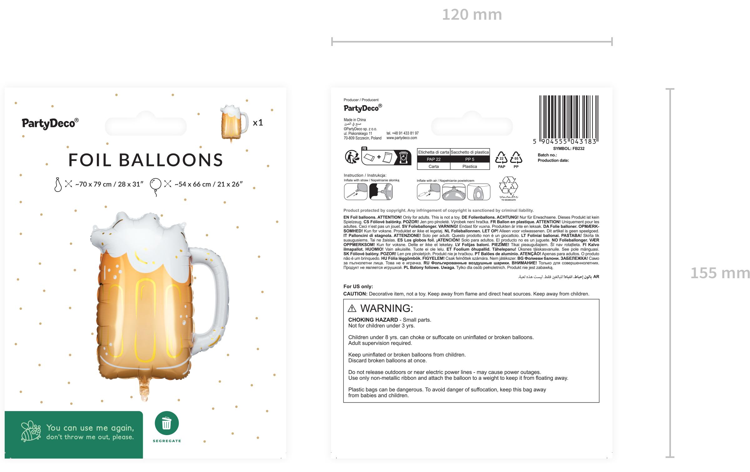 Partydeco Folienballon Bier Mass inkl. Strohhalm 66 x 54 cm, 1 Stück