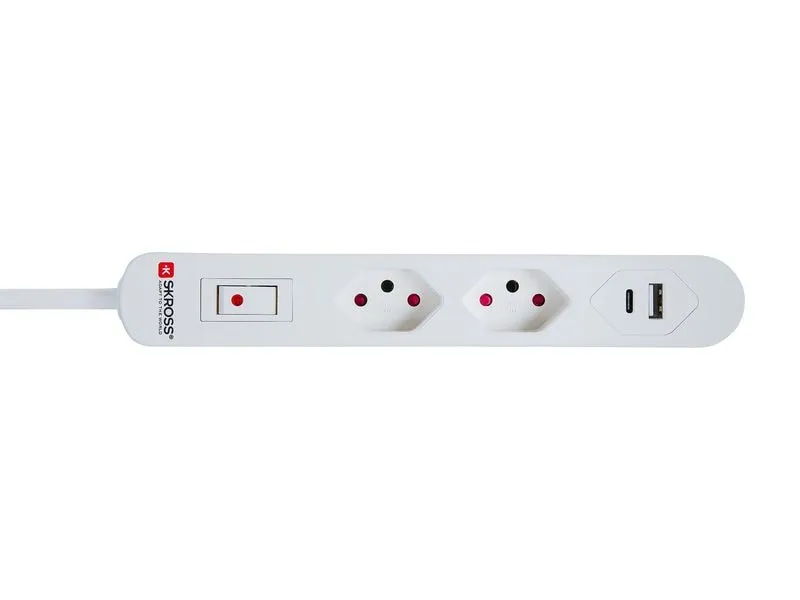 SKROSS Steckdosenleiste 2 x T13, USB-A+C, mit Schalter, 1.5 m