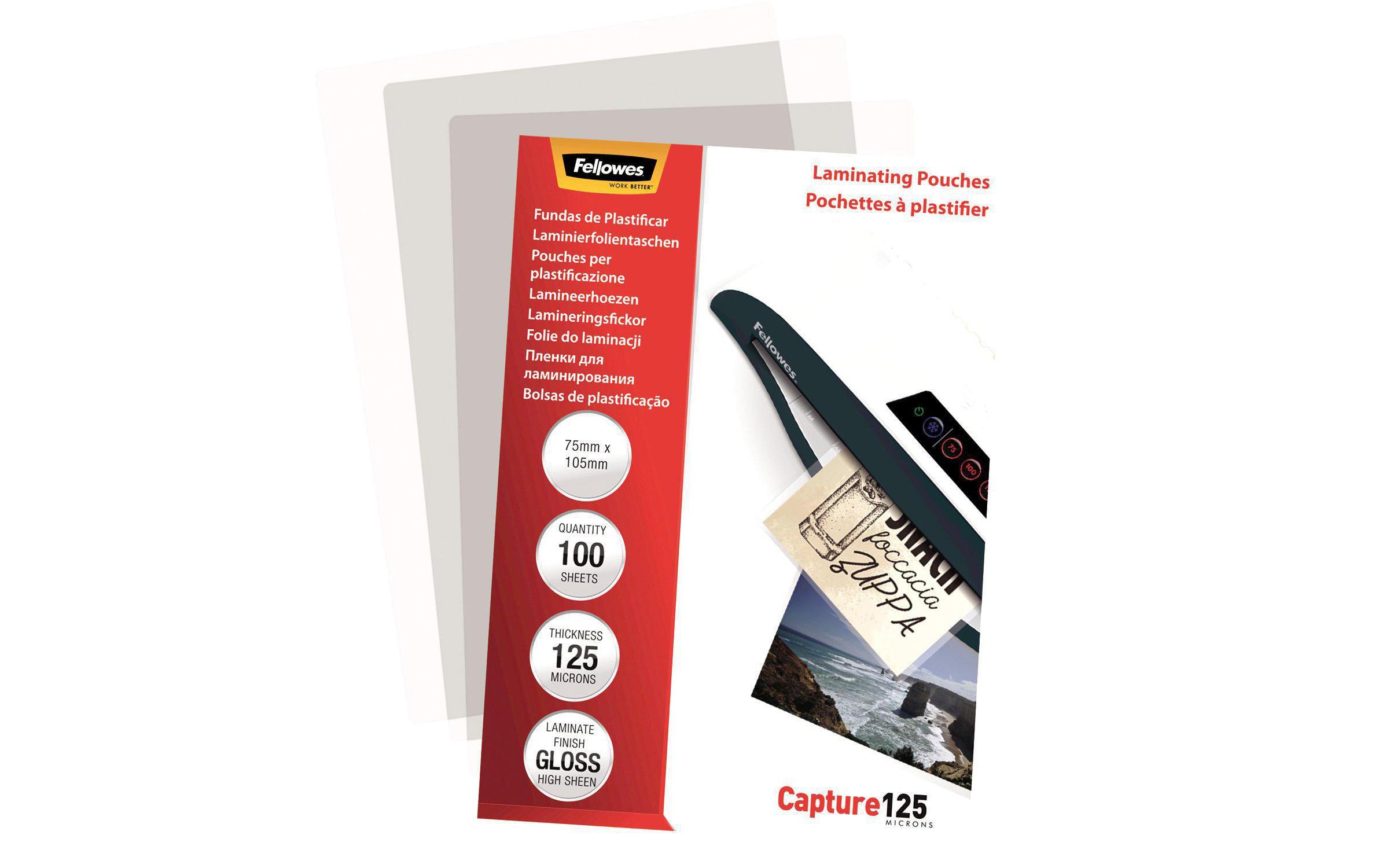 Fellowes Laminierfolie 75 x 105 mm, 125 µm, 100 Stück, Glänzend Fellowes Laminierfolie 75 x 105 mm, 125 µm, 100 Stück, Glänzend