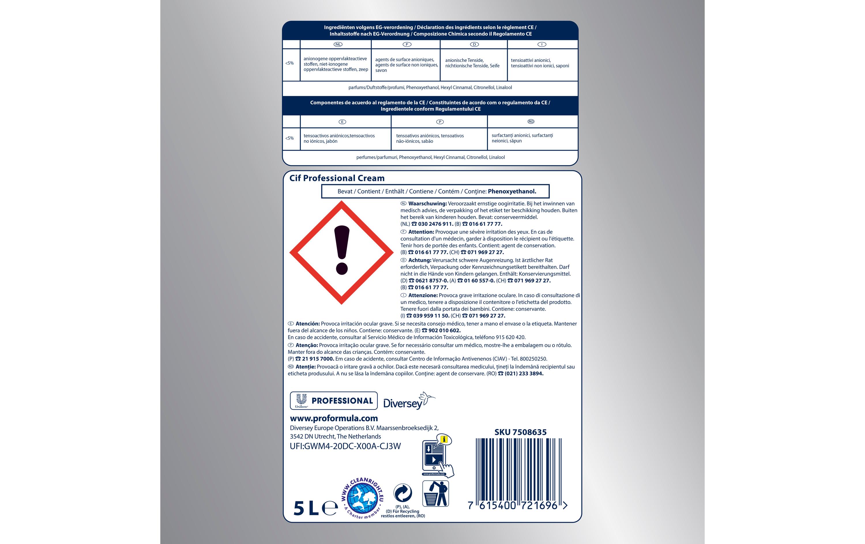 Diversey Pro Formula Küchenreiniger Cif Professional Cream 5 l Diversey Pro Formula Küchenreiniger Cif Professional Cream 5 l