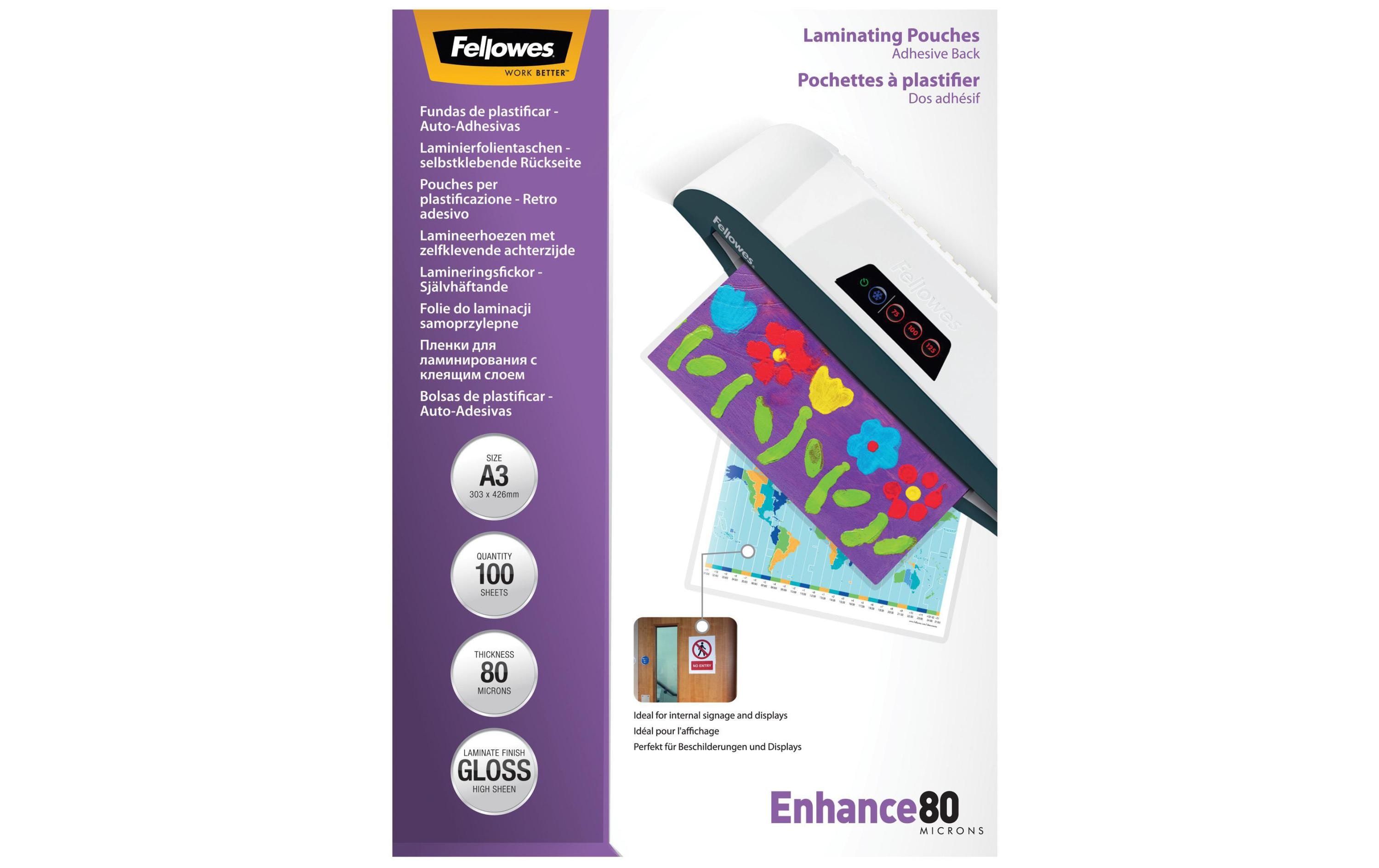 Fellowes Laminierfolie A3, 80 µm, 100 Stück, Glänzend, Selbstklebend Fellowes Laminierfolie A3, 80 µm, 100 Stück, Glänzend, Selbstklebend