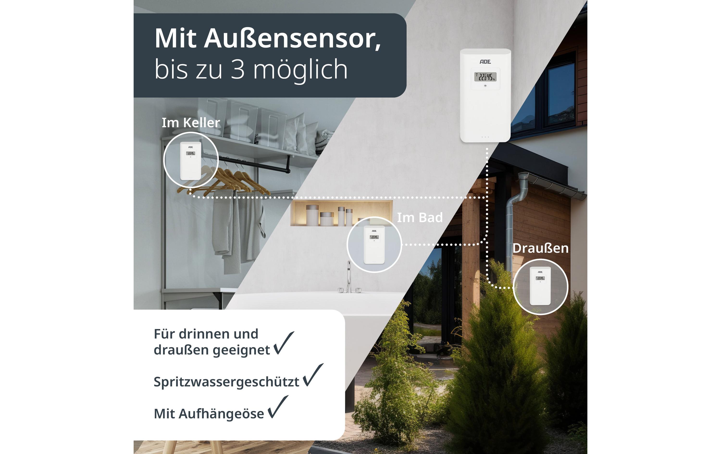 ADE Wetterstation mit Funk-Aussensensor Holz-weiss