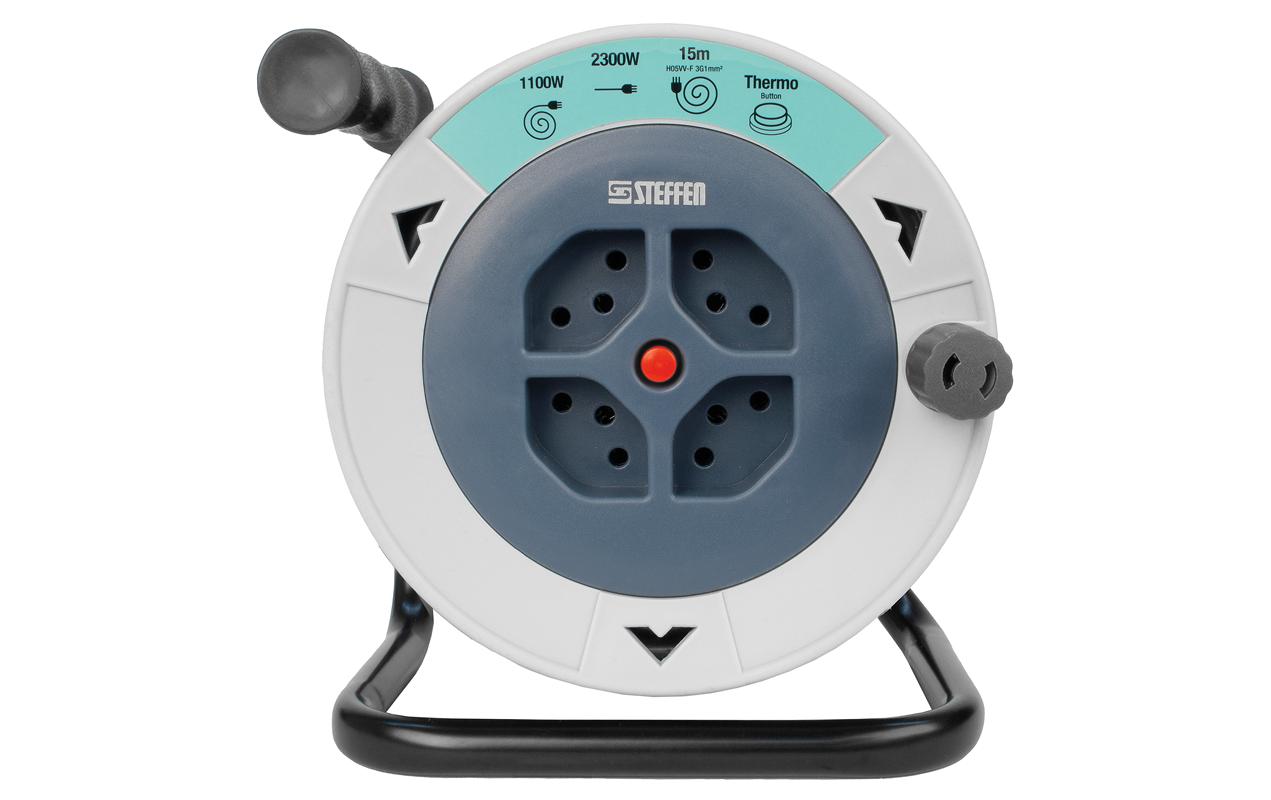 STEFFEN Kabelrolle Kunststoff 15 m 4 x T13, IP20, Grau/Blau