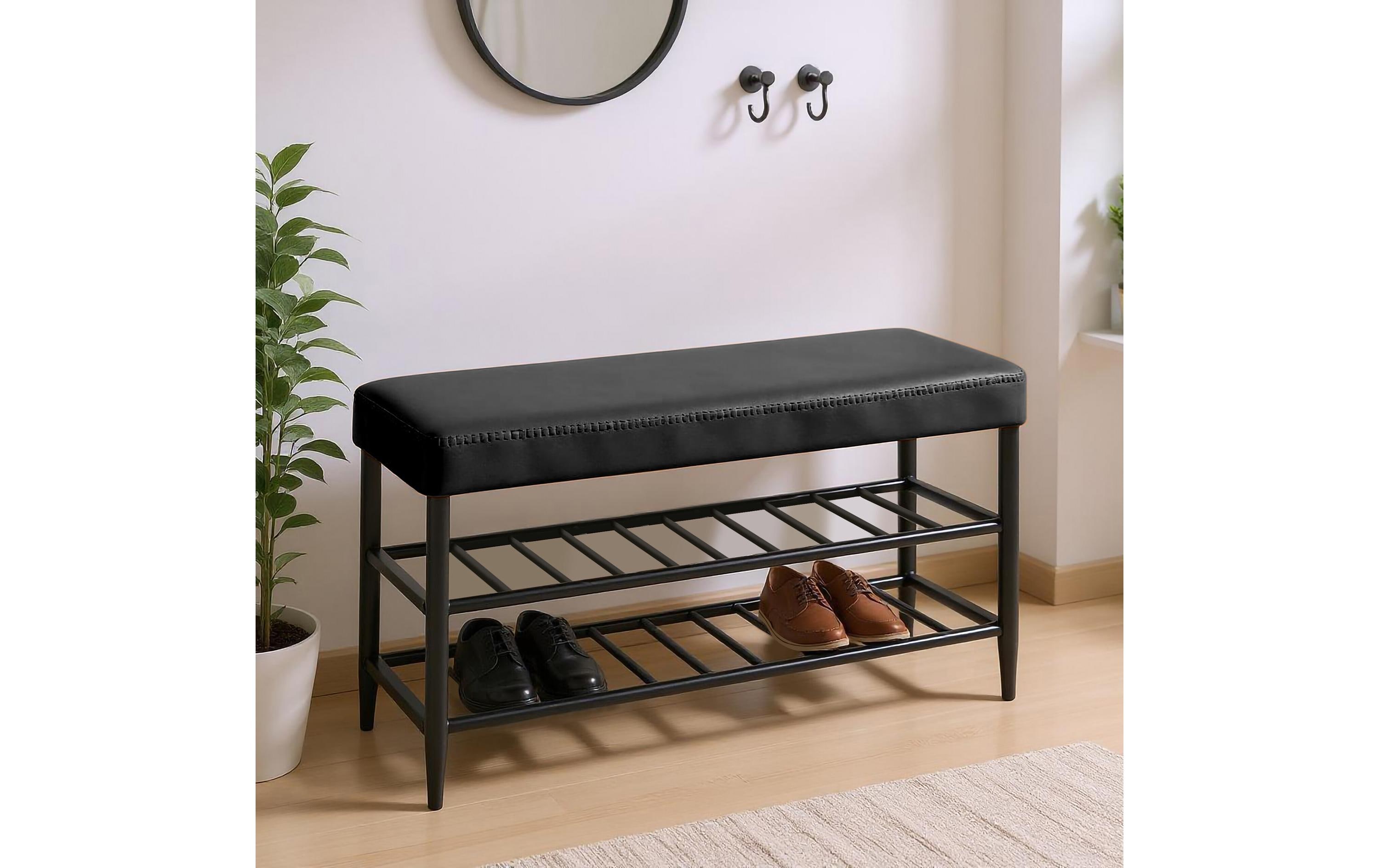 relaxdays Schuhbank mit zwei Ablagen 80 x 50 cm, Schwarz