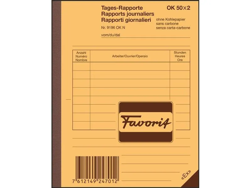 Favorit Durchschreibeblock 113 x 144 mm Tages-Rapporte Favorit Durchschreibeblock 113 x 144 mm Tages-Rapporte