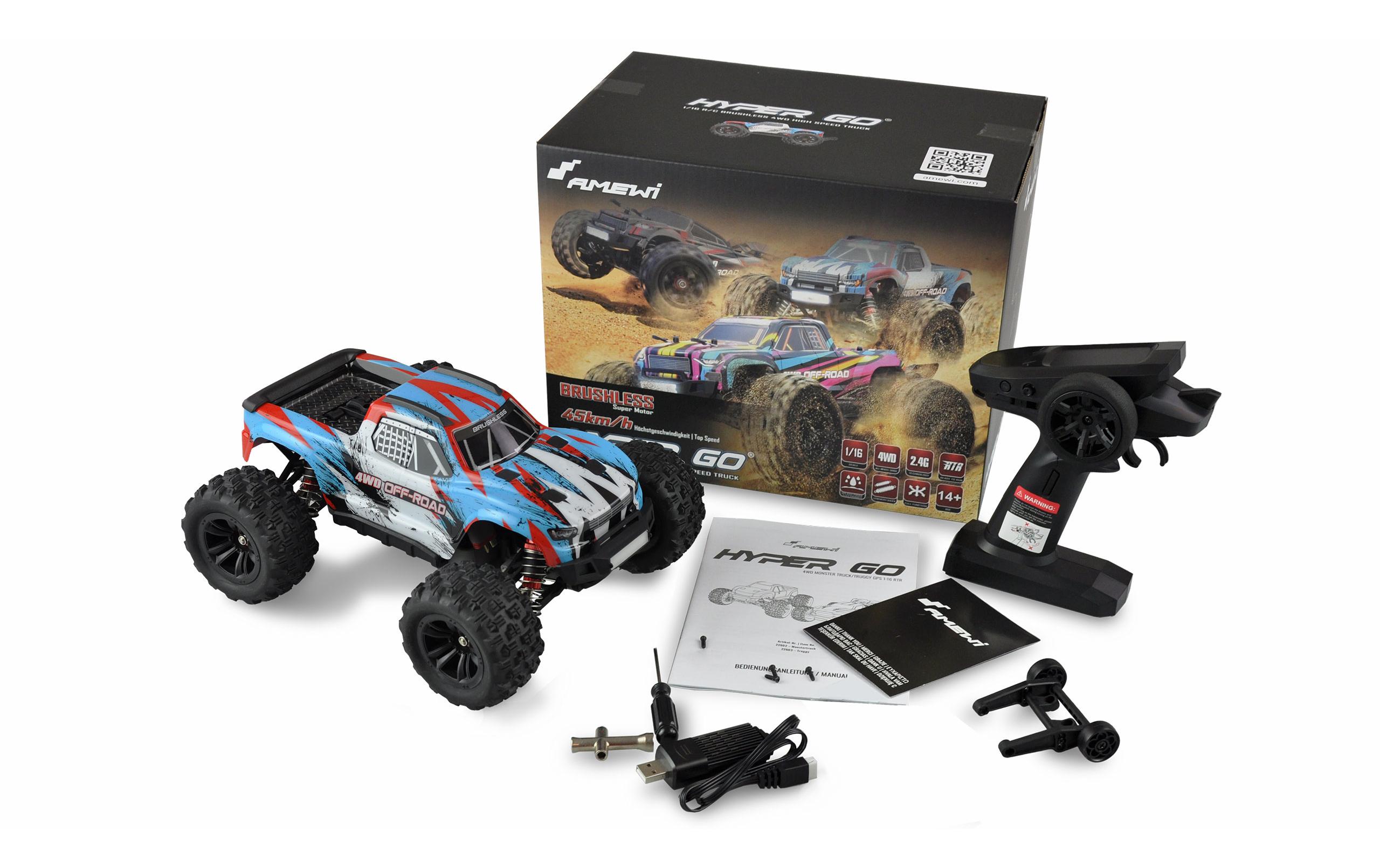 Amewi Monster Truck Hyper GO Brushless 4WD, Blau/Weiss, 1:16, RTR