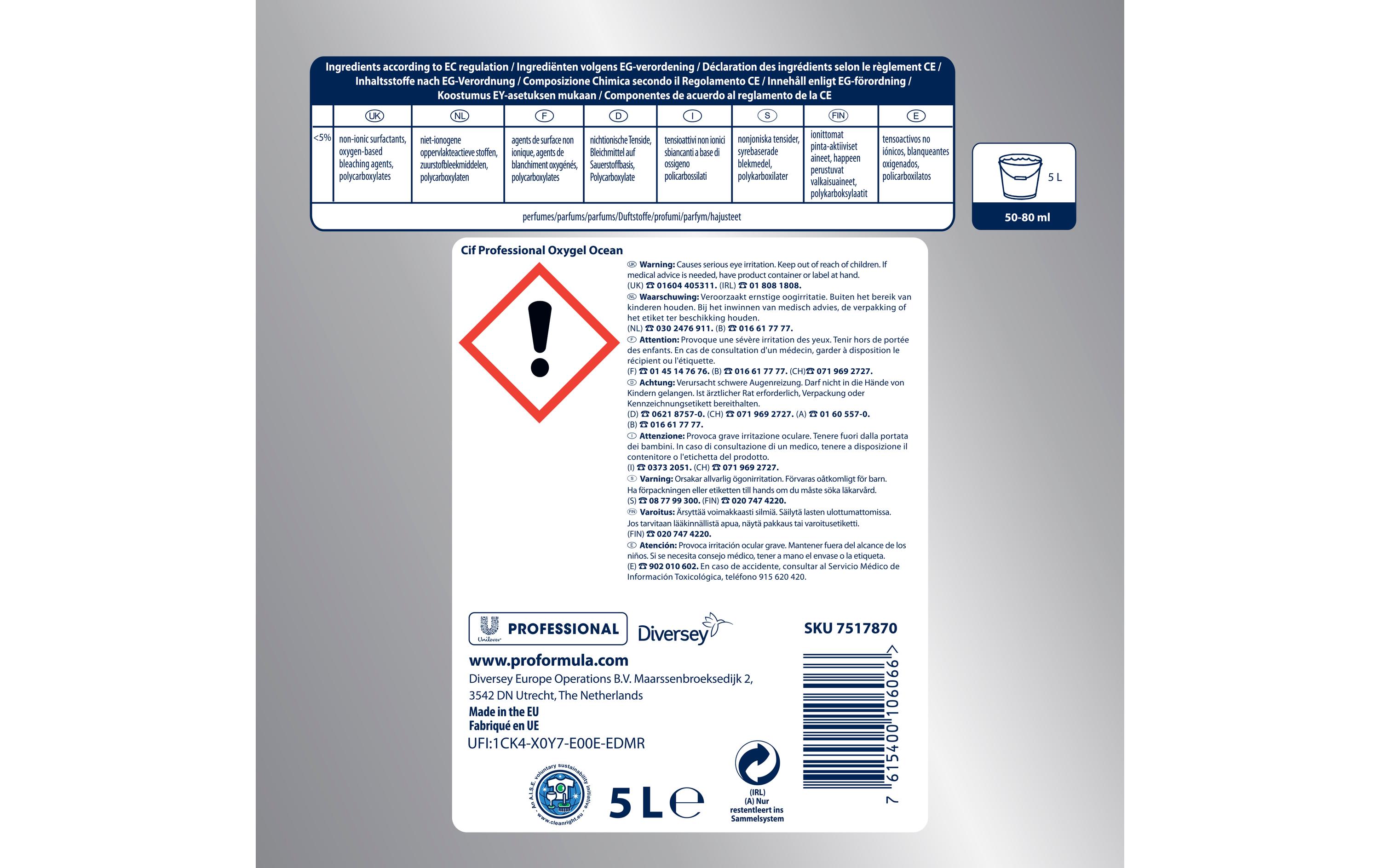 Diversey Pro Formula Allzweckreiniger Cif Professional Oxy Gel Ocean 5 l