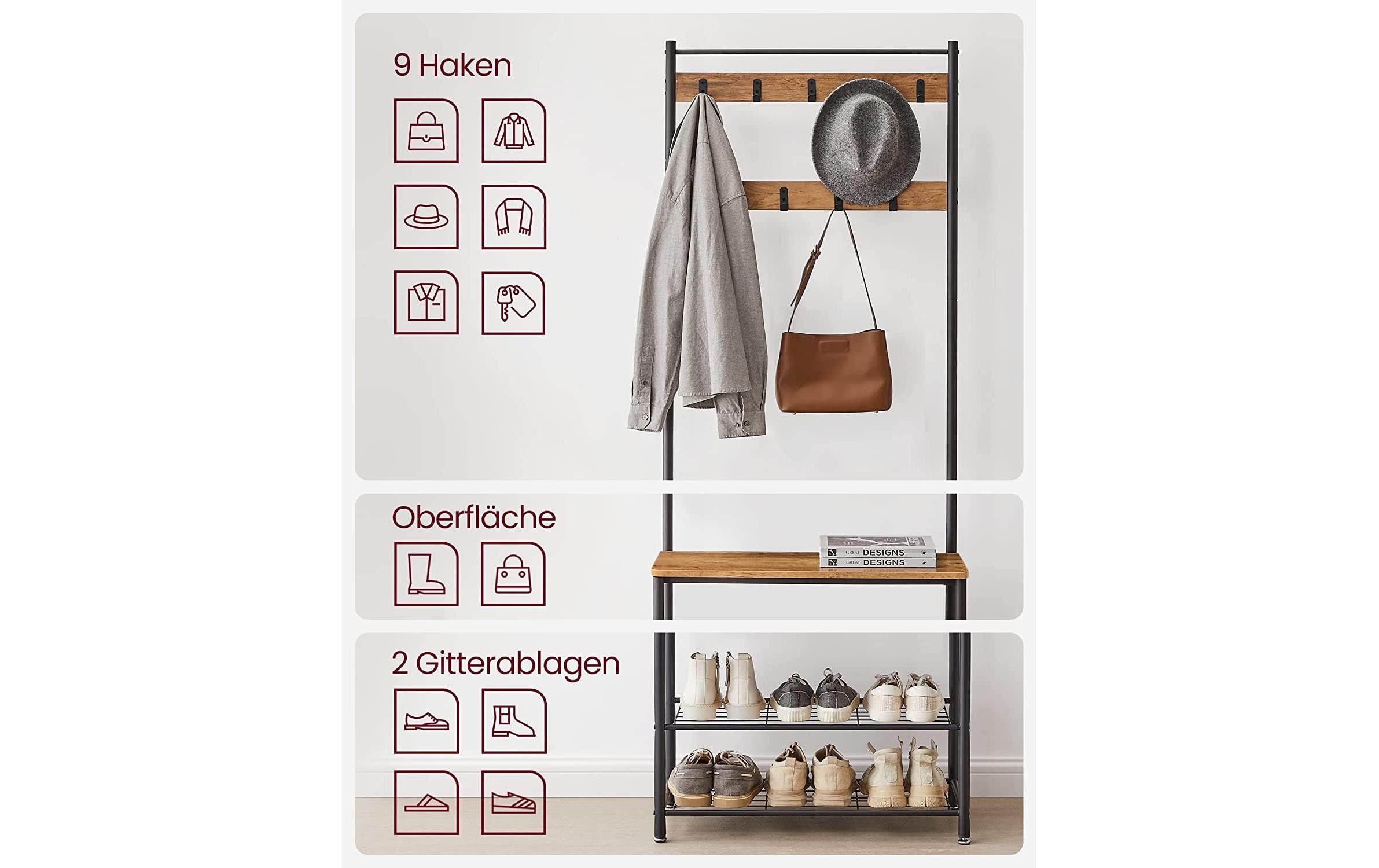 VASAGLE Garderobe mit Schuhregal 32 cm x 175 cm, Braun/Schwarz