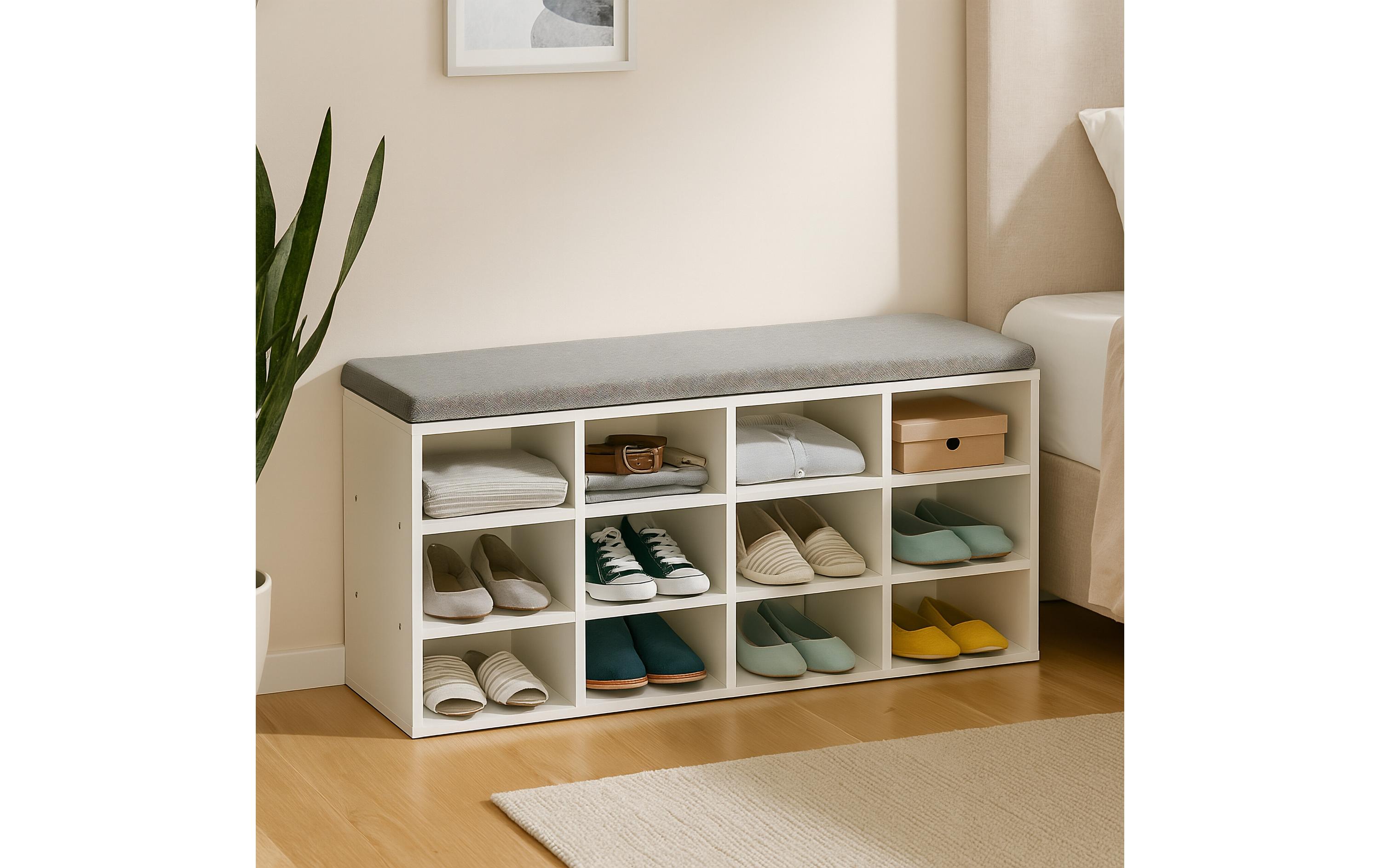 relaxdays Schuhbank mit Sitzfläche mit 12 Fächern, Grau/Weiss