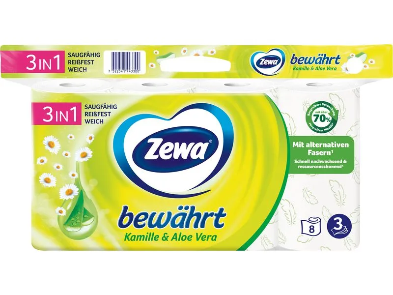 Zewa Toilettenpapier Bewährt Kamille mit Strohzellstoff 8 Rollen