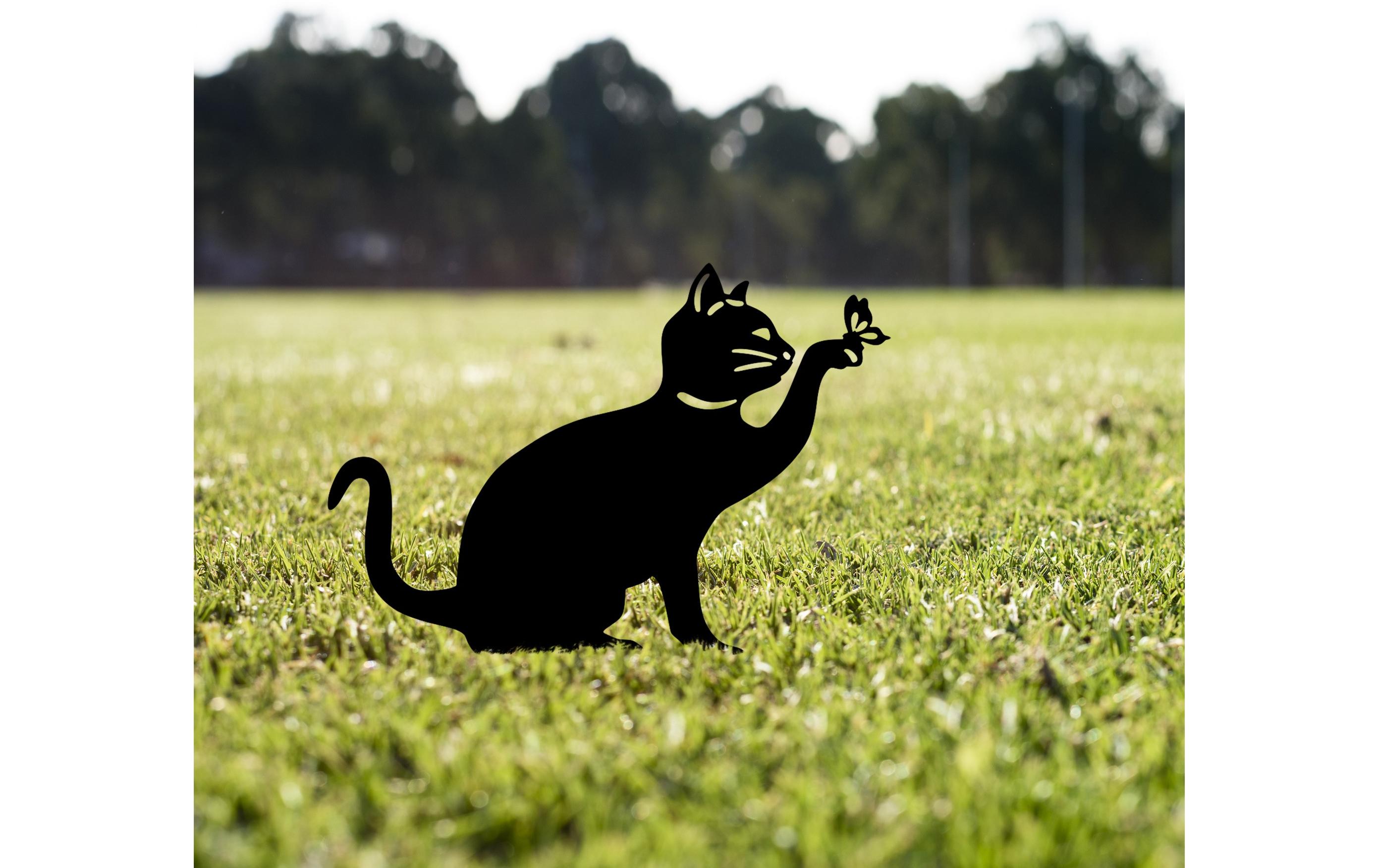 Wallxpert Gartenstecker Katze mit Schmeterling 36 x 31 cm