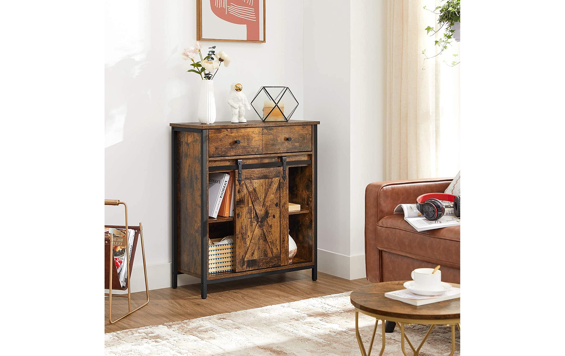 VASAGLE Kommode mit Schiebetür Industrial 30 x 80 cm, Braun