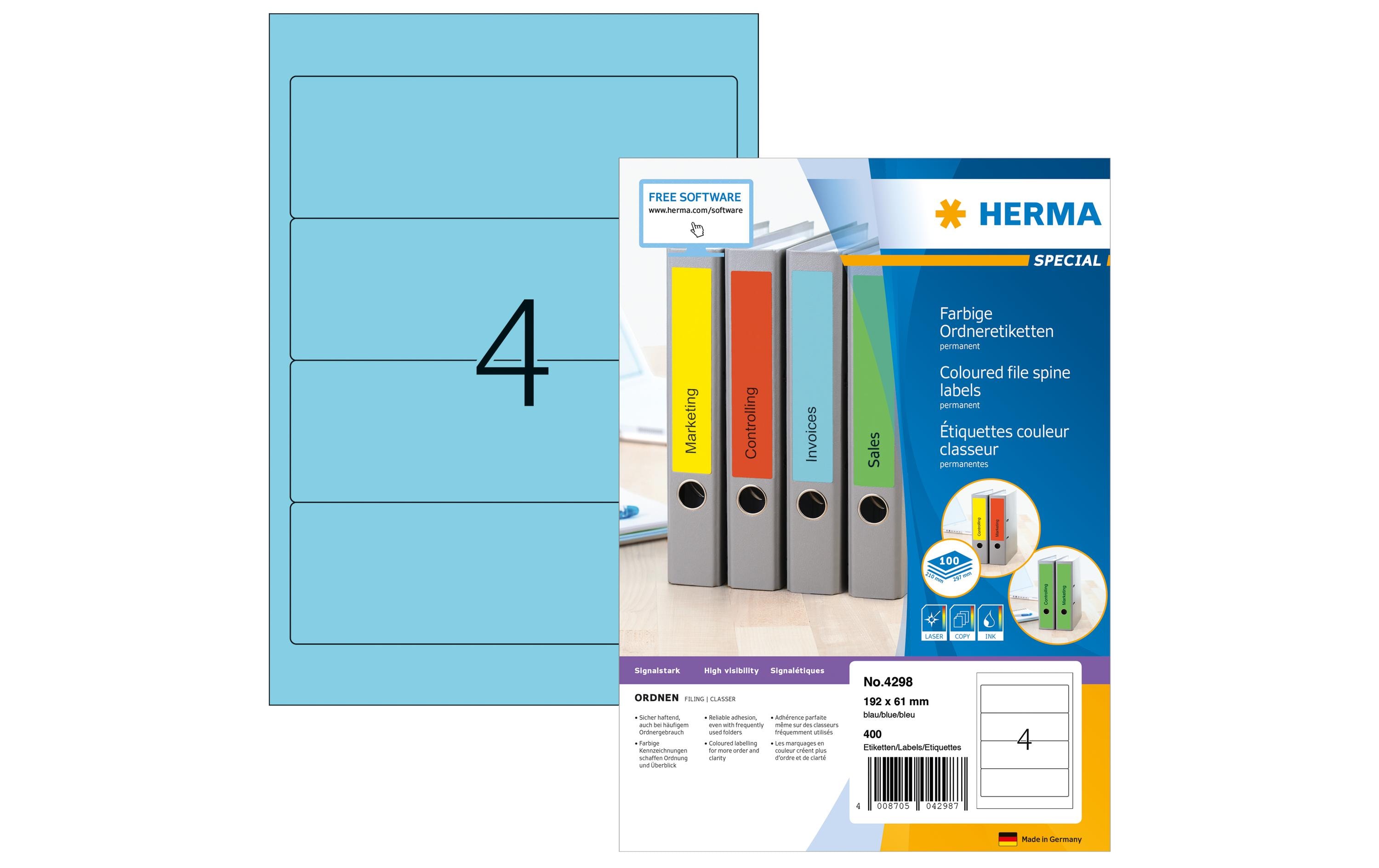 HERMA Ordneretiketten A4, 192 x 61 mm, blau, 400 Etiketten