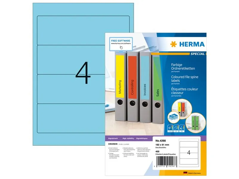 HERMA Ordneretiketten A4, 192 x 61 mm, blau, 400 Etiketten HERMA Ordneretiketten A4, 192 x 61 mm, blau, 400 Etiketten