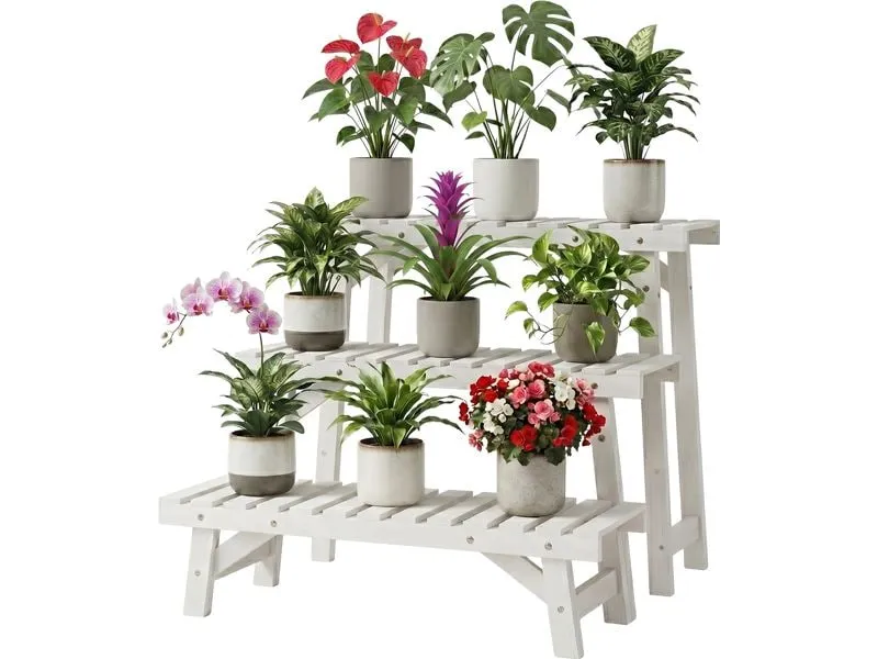 relaxdays Blumentreppe Tannenholz, Weiss, 3er Set relaxdays Blumentreppe Tannenholz, Weiss, 3er Set
