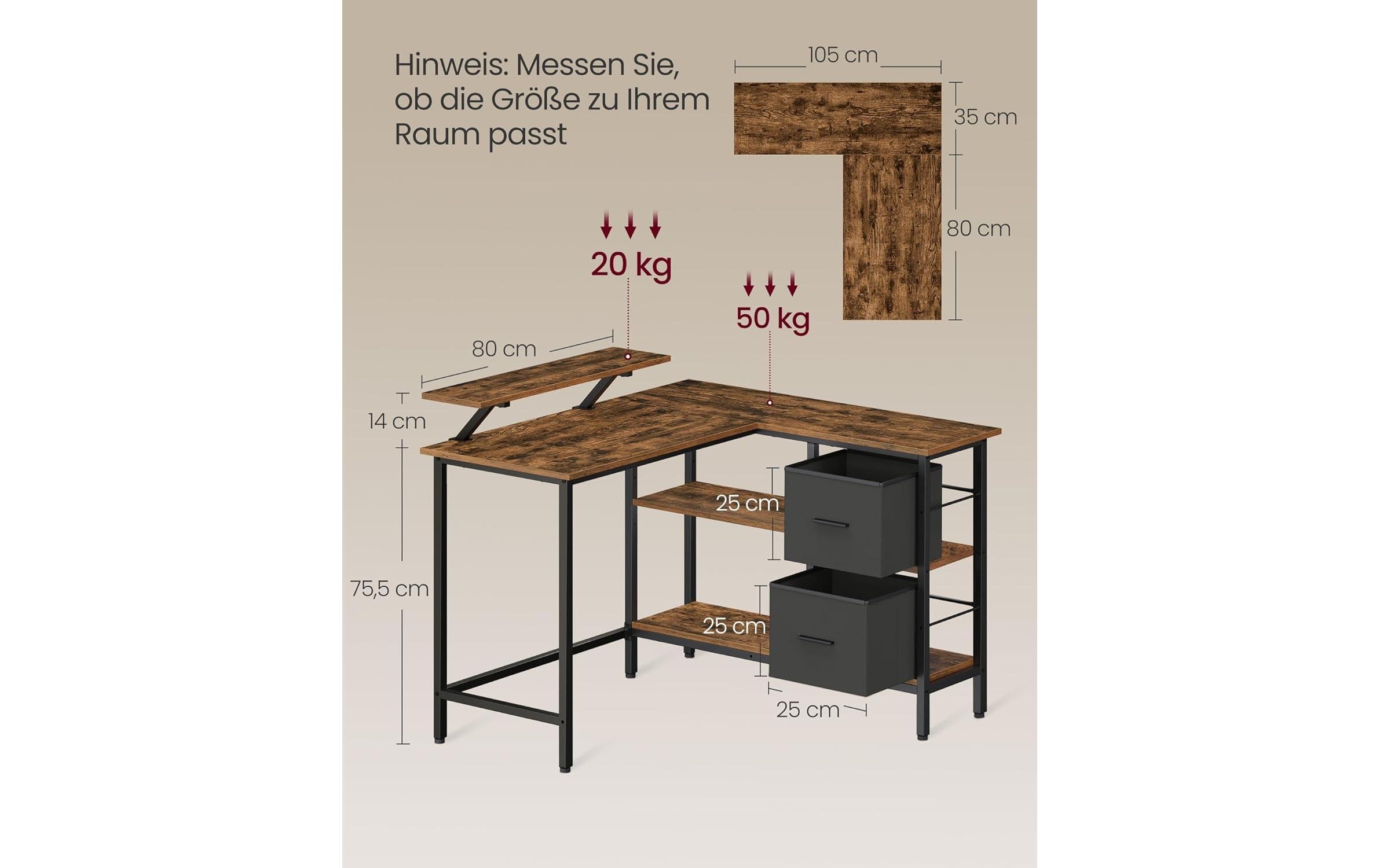 VASAGLE Tisch in L-Form Braun 115 x 105 x 89.5 cm