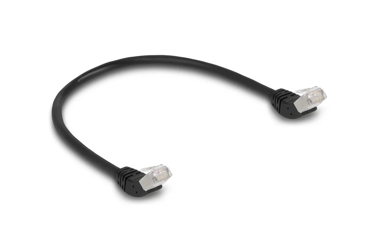 Delock Patchkabel 45° oben gewinkelt Cat 6A, S/FTP, 0.5 m, Schwarz Delock Patchkabel 45° oben gewinkelt Cat 6A, S/FTP, 0.5 m, Schwarz