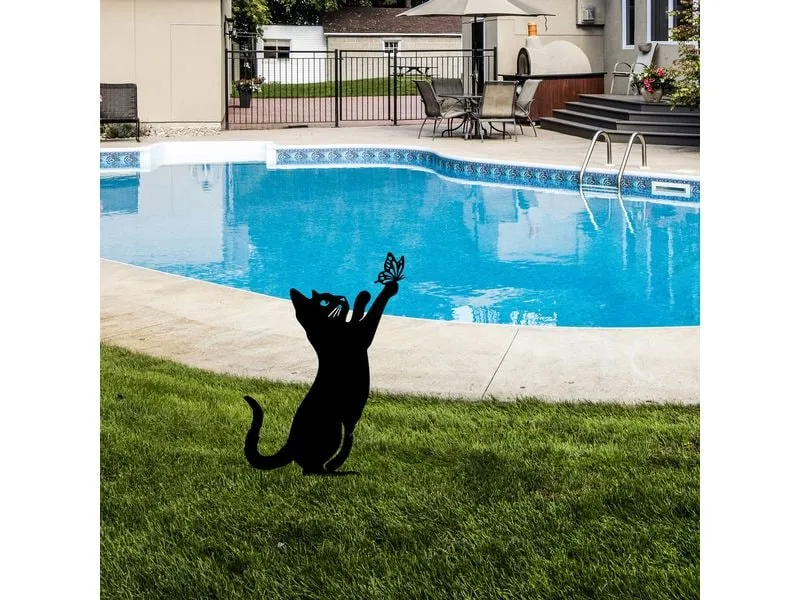 Wallxpert Gartenstecker Katze mit Schmeterling 49 x 24 cm
