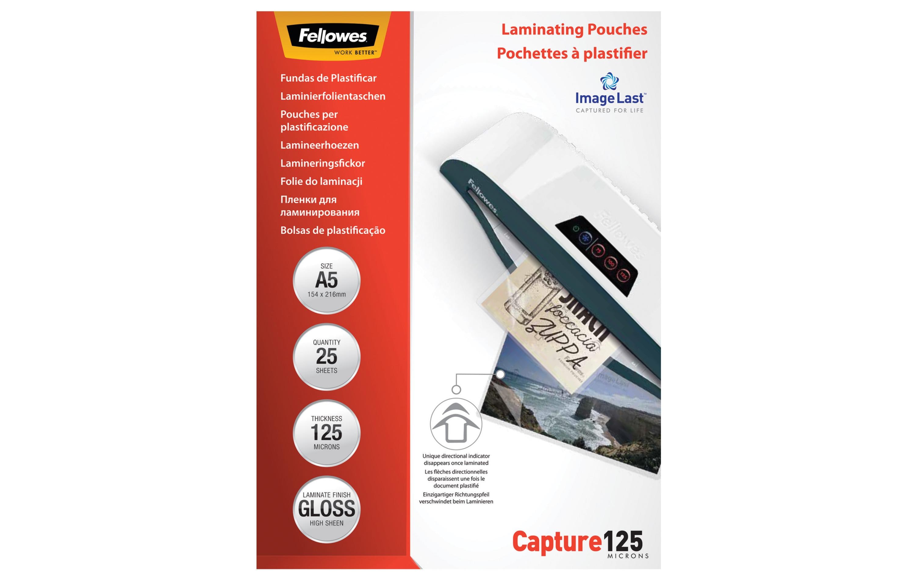 Fellowes Laminierfolie A5, 125 µm, 25 Stück, Glänzend Fellowes Laminierfolie A5, 125 µm, 25 Stück, Glänzend