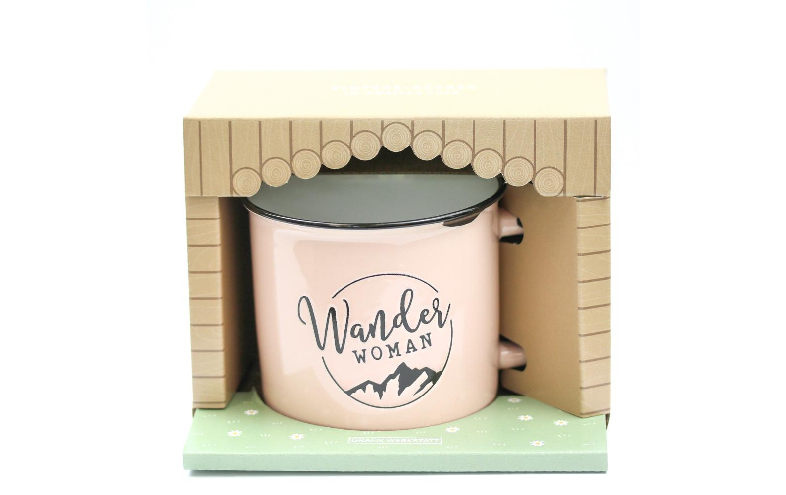 Grafik Werkstatt Vintage Becher Bergglück, Wanderwoman