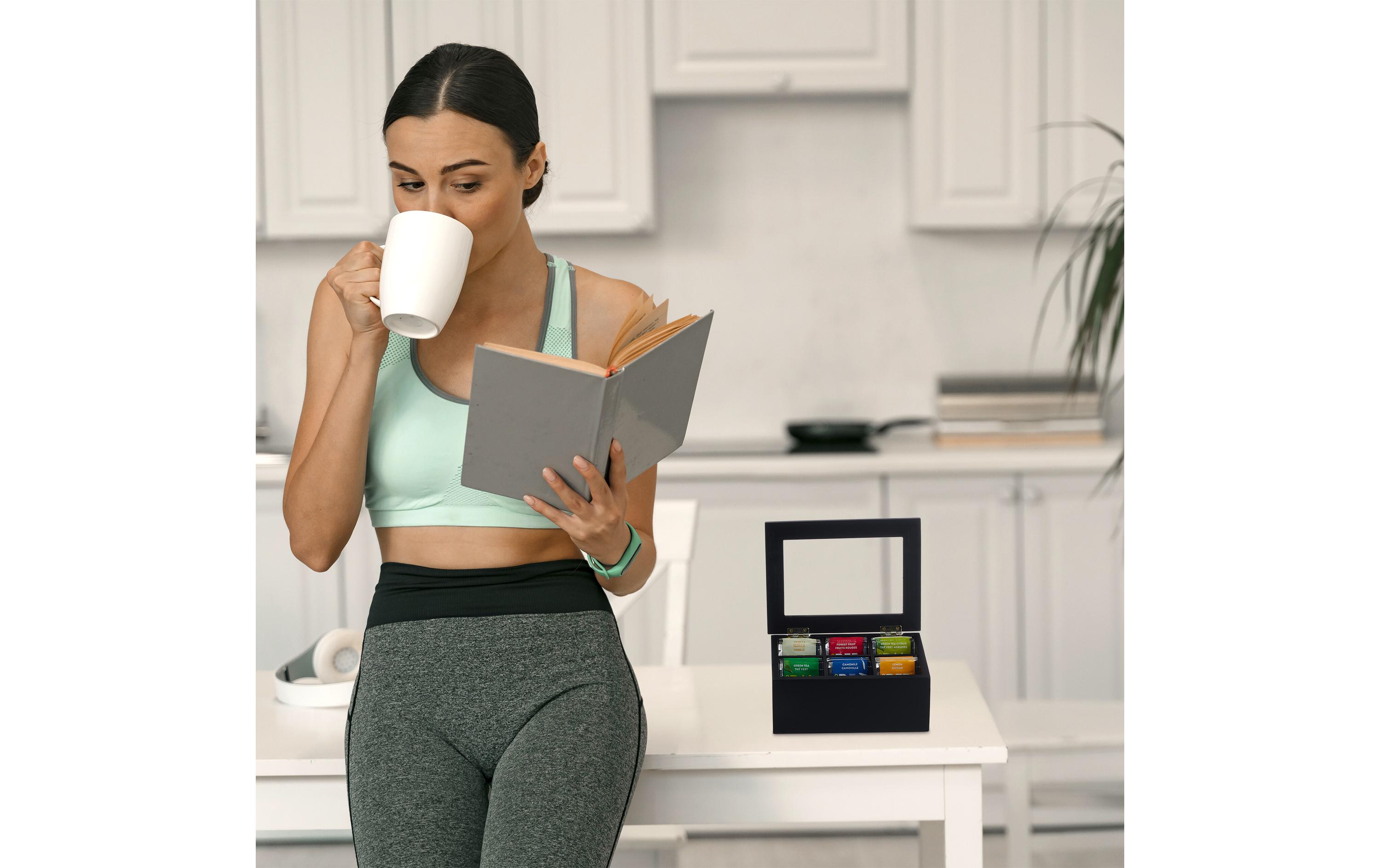 relaxdays Teebeutel-Box 6 Fächer, Schwarz/Transparent